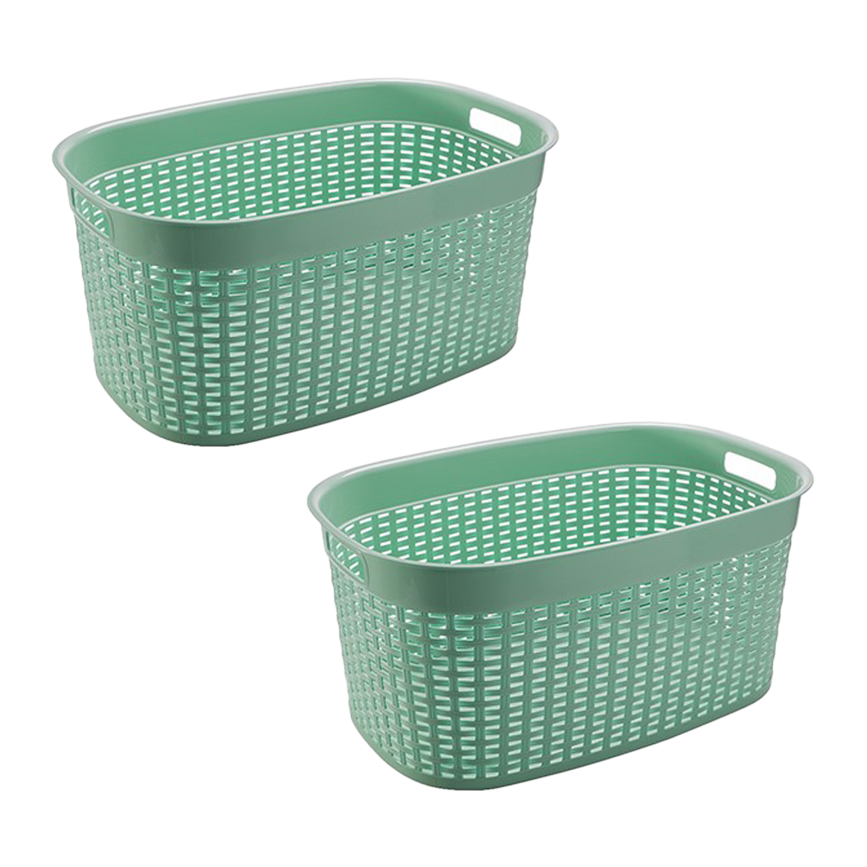 Rotan line wasmand - 2x - mintgroen - inhoud 44 liter - kunststof - 58 x 39 x 27 cm - met handvatten -