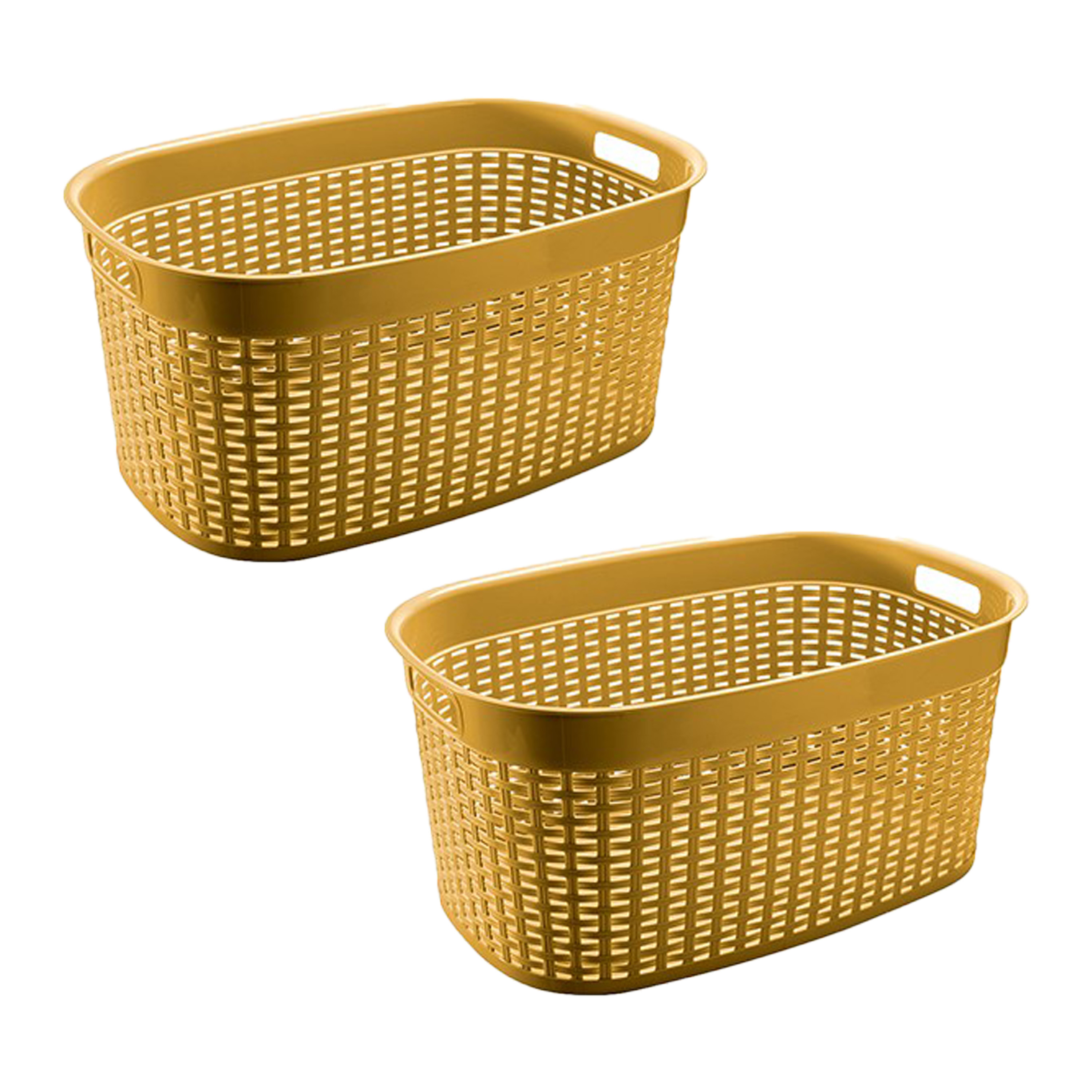 Rotan line wasmand - 2x - geel - inhoud 44 liter - kunststof - 58 x 39 x 27 cm - met handvatten -