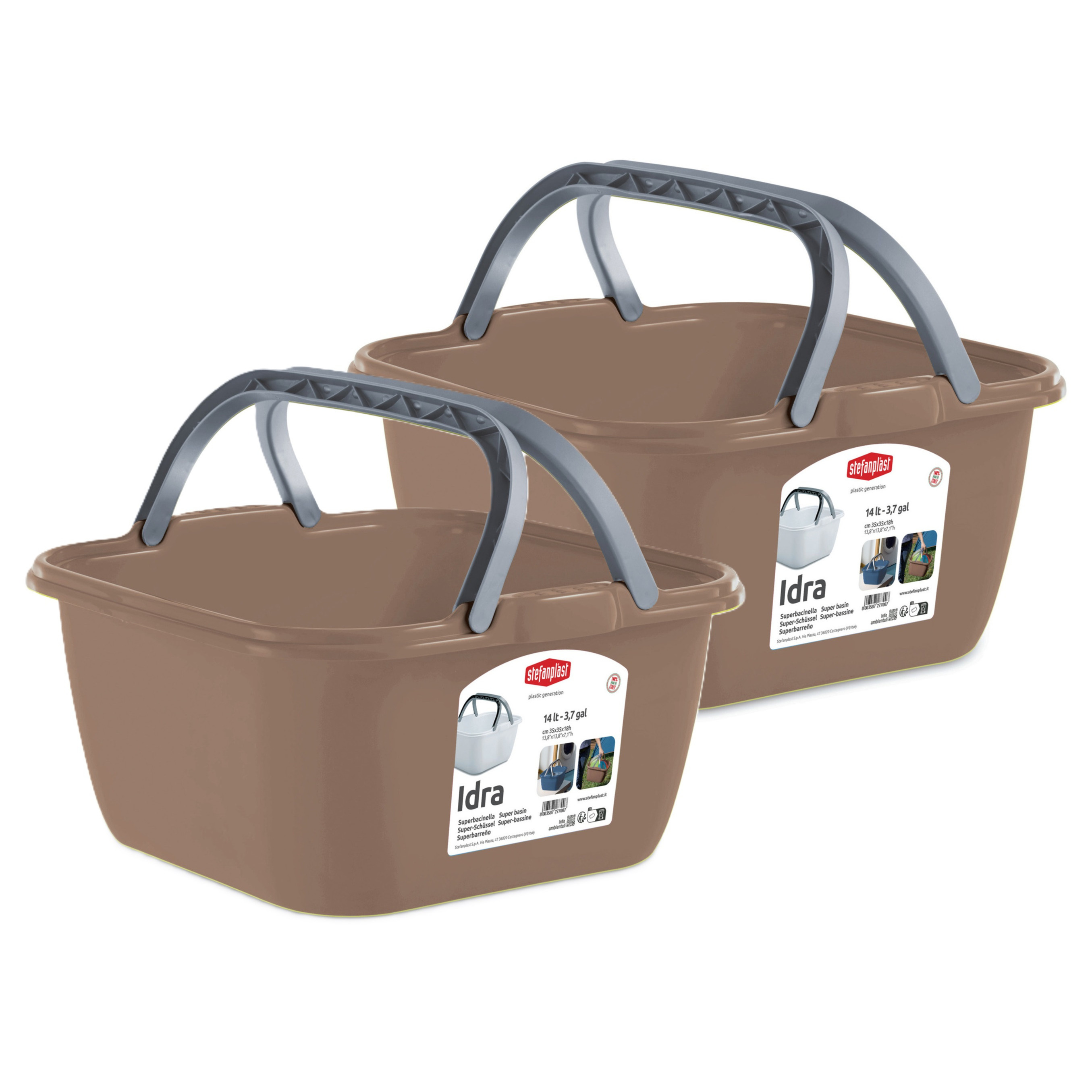Wasmand/draagmand/teil met hengsel - 2x - kunststof - 13 Liter - cappuccino - 35 x 35 x 18 cm -