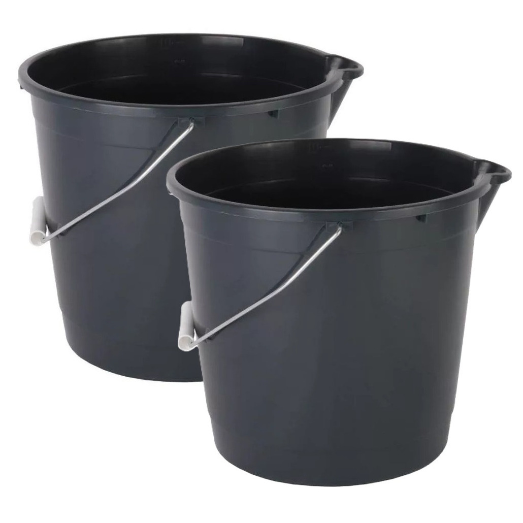 Huishoud/schoonmaak emmer met tuit - 2x - 10 liter - zwart - multifuctioneel -