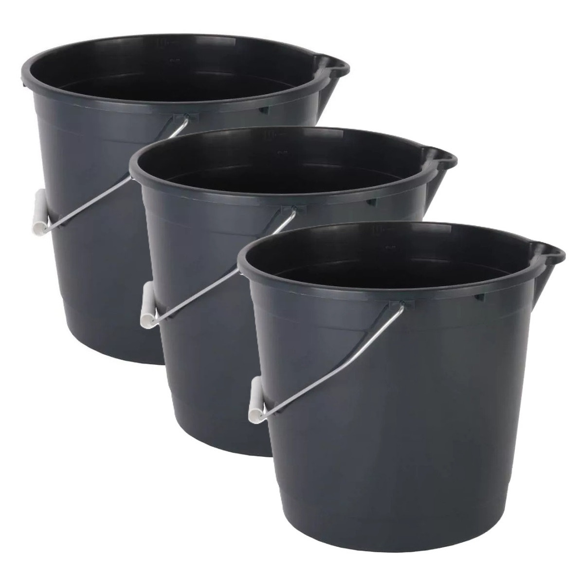 Huishoud/schoonmaak emmer met tuit - 3x - 10 liter - zwart - multifuctioneel -