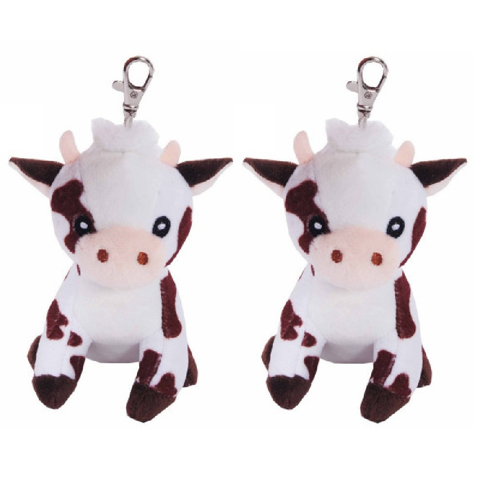 Knuffeldier Koe Sleutelhangers - 2x - zachte pluche stof - dieren knuffels - bruin/wit - 12 cm -