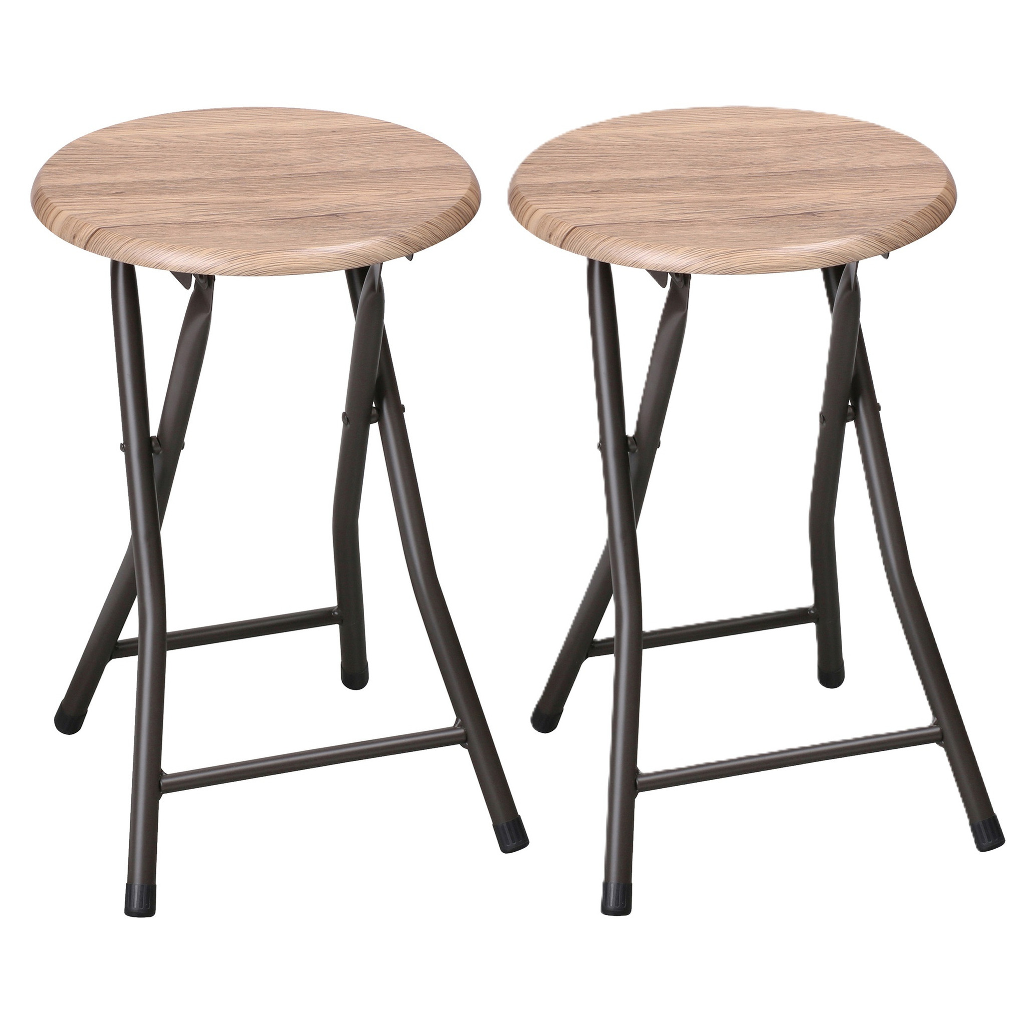 Bijzet krukjes - 2x - zwart/beige - metaal/hout - D30 x H45 cm - opvouwbaar -