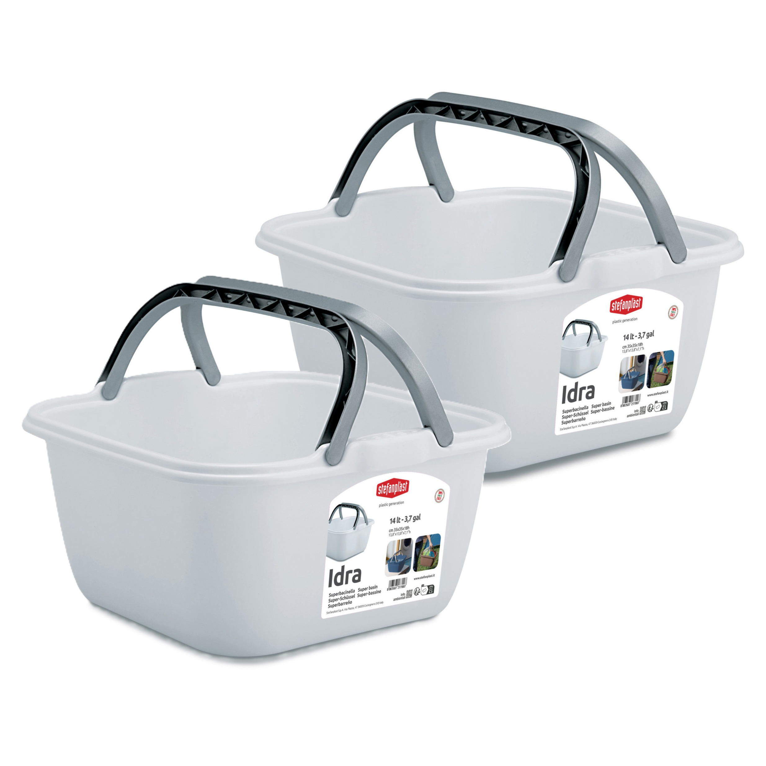 Wasmand/draagmand/teil met hengsel - 2x - kunststof - 14 Liter - wit - 35 x 35 x 18 cm -