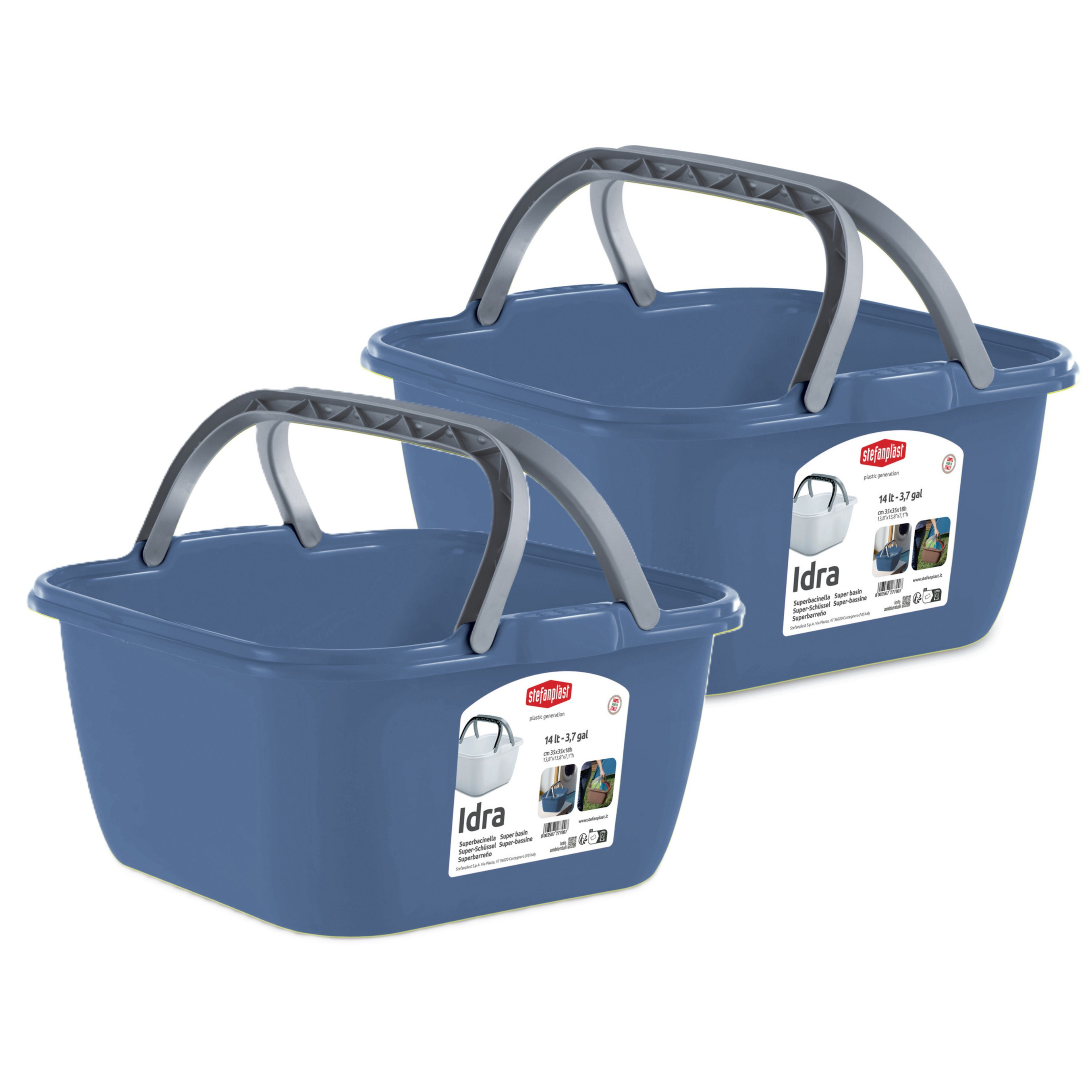 Wasmand/draagmand/teil met hengsel - 2x - kunststof - 13 Liter - blauw - 35 x 35 x 18 cm -