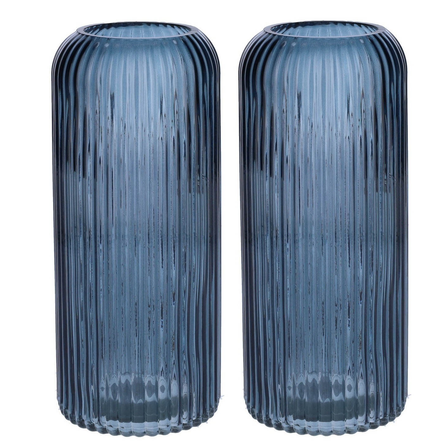 Bloemenvaas ribbel - 2x - denim blauw - transparant glas - D9 x H20 cm -