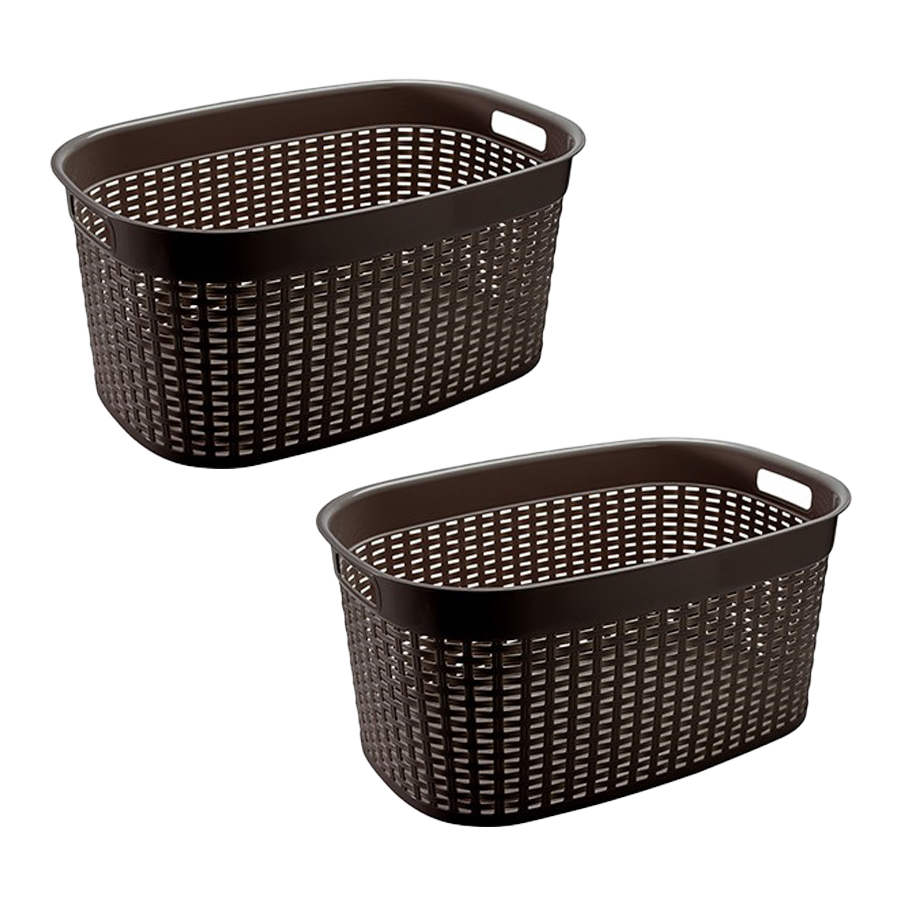 Rotan line wasmand - 2x - donkerbruin - inhoud 44 liter - kunststof - 58x39x27 cm - met handvatten -