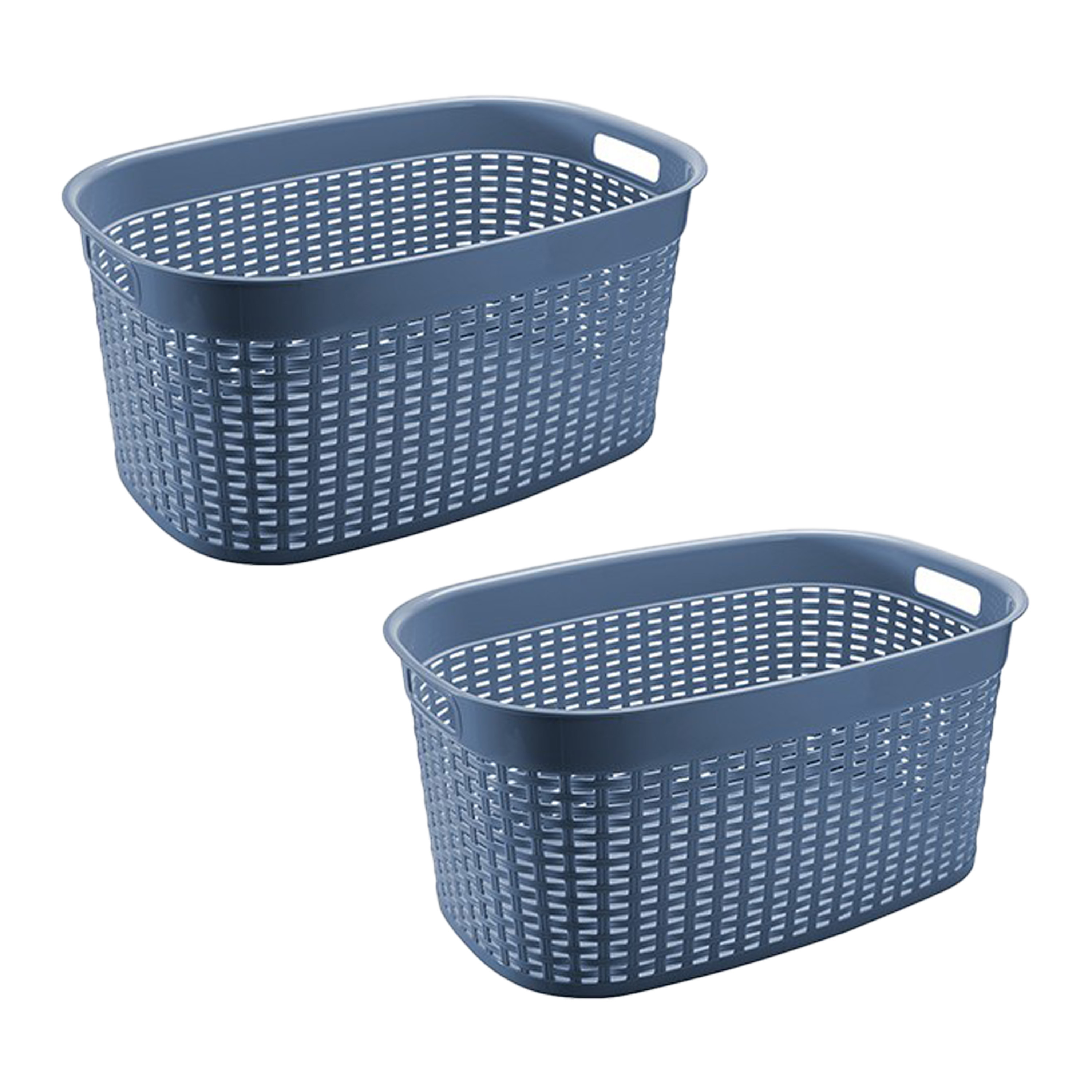 Rotan line wasmand - 2x - blauw - inhoud 44 liter - kunststof - 58 x 39 x 27 cm - met handvatten -