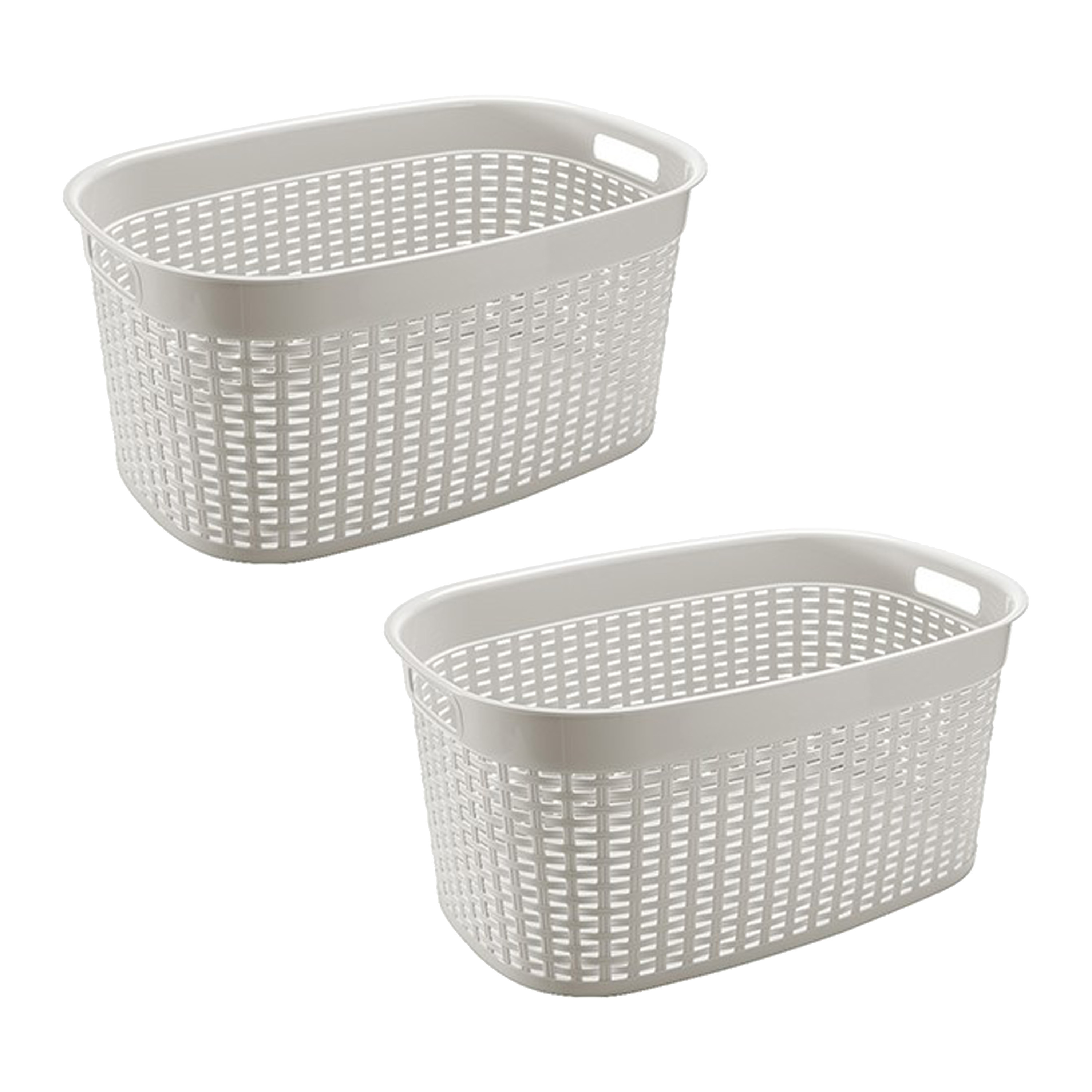 Rotan line wasmand - 2x - wit - inhoud 44 liter - kunststof - 58 x 39 x 27 cm - met handvatten -