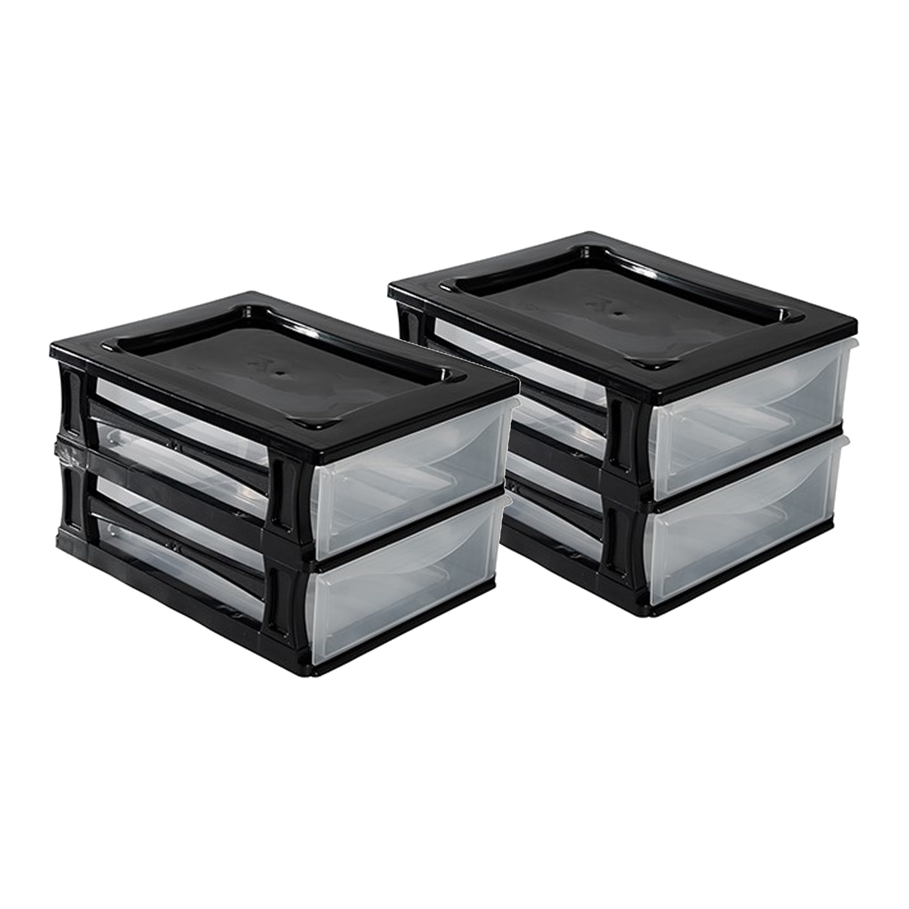 Ladeblokje/bureau organizer 2x grote lades - zwart/transparant - L26 x B35 x H20 cm - kunststof -