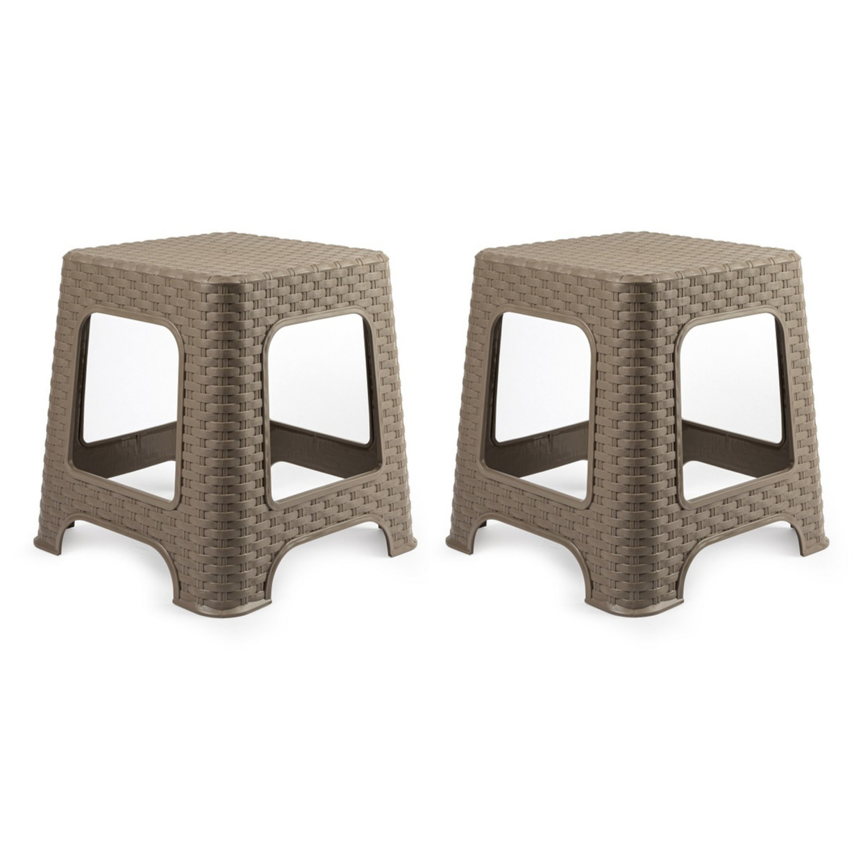 Plasticforte zit/bijzet krukje - 2x - Rotan line - taupe - kunststof - 32 x 32 x 30 cm - kinder kruk -