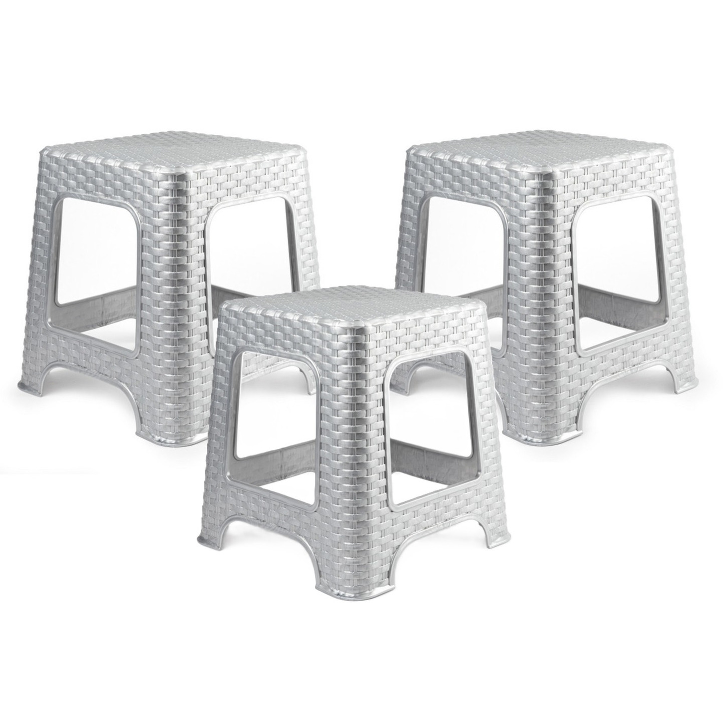 Plasticforte zit/bijzet krukje - 3x - Rotan line - zilvergrijs - kunststof - 32 x 32 x 30 cm - kinde -