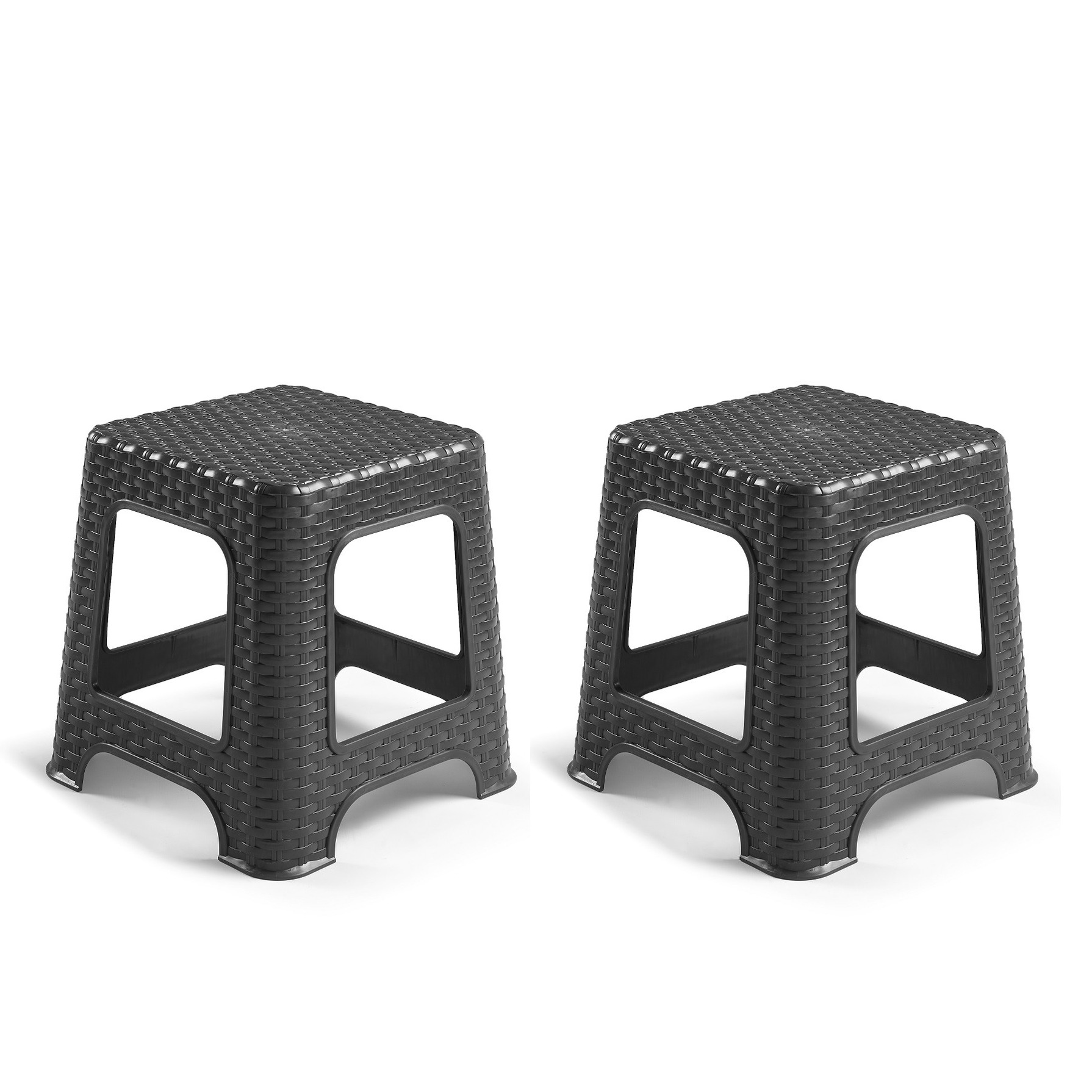 Plasticforte zit/bijzet krukje - 2x - Rotan line - zwart - kunststof - 32 x 32 x 30 cm - kinder kruk -