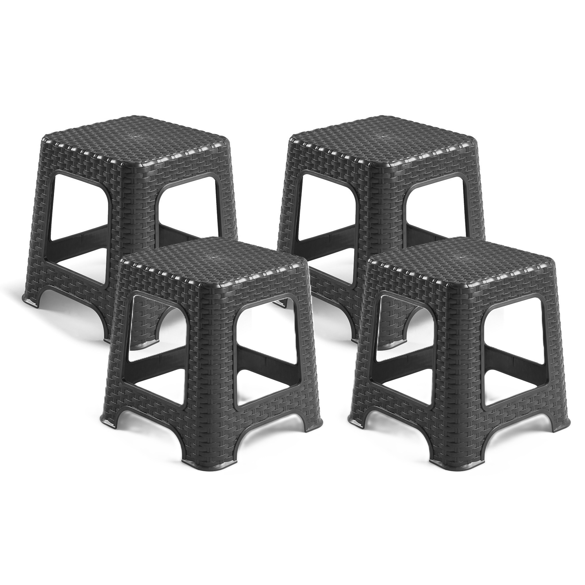 Plasticforte zit/bijzet krukje - 4x - Rotan line - zwart - kunststof - 32 x 32 x 30 cm - kinder kruk -
