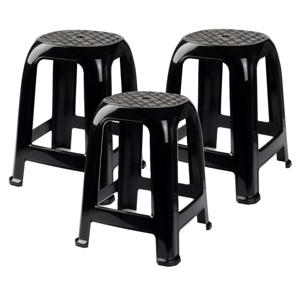 Plasticforte bijzet zitkrukje - 3x - zwart - kunststof - 37 x 37 x 46 cm - kinderen/volwassenen -