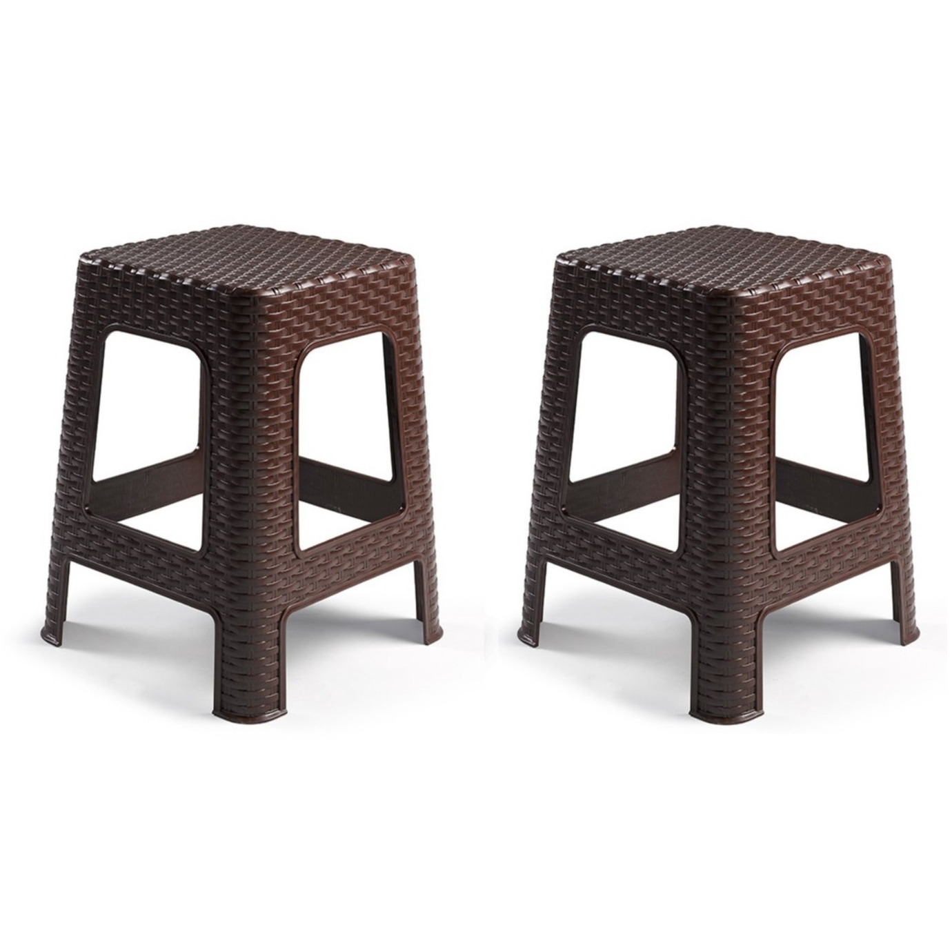 Plasticforte zit/bijzet krukje - 2x - Rotan line - donkerbruin - kunststof - 28 x 28 x 45 cm -