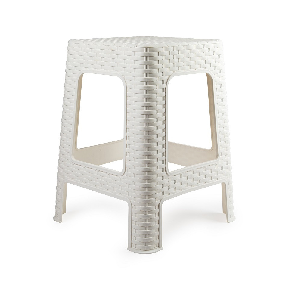 Plasticforte zit/bijzet krukje - Rotan line - wit - kunststof - 36 x 36 x 45 cm -
