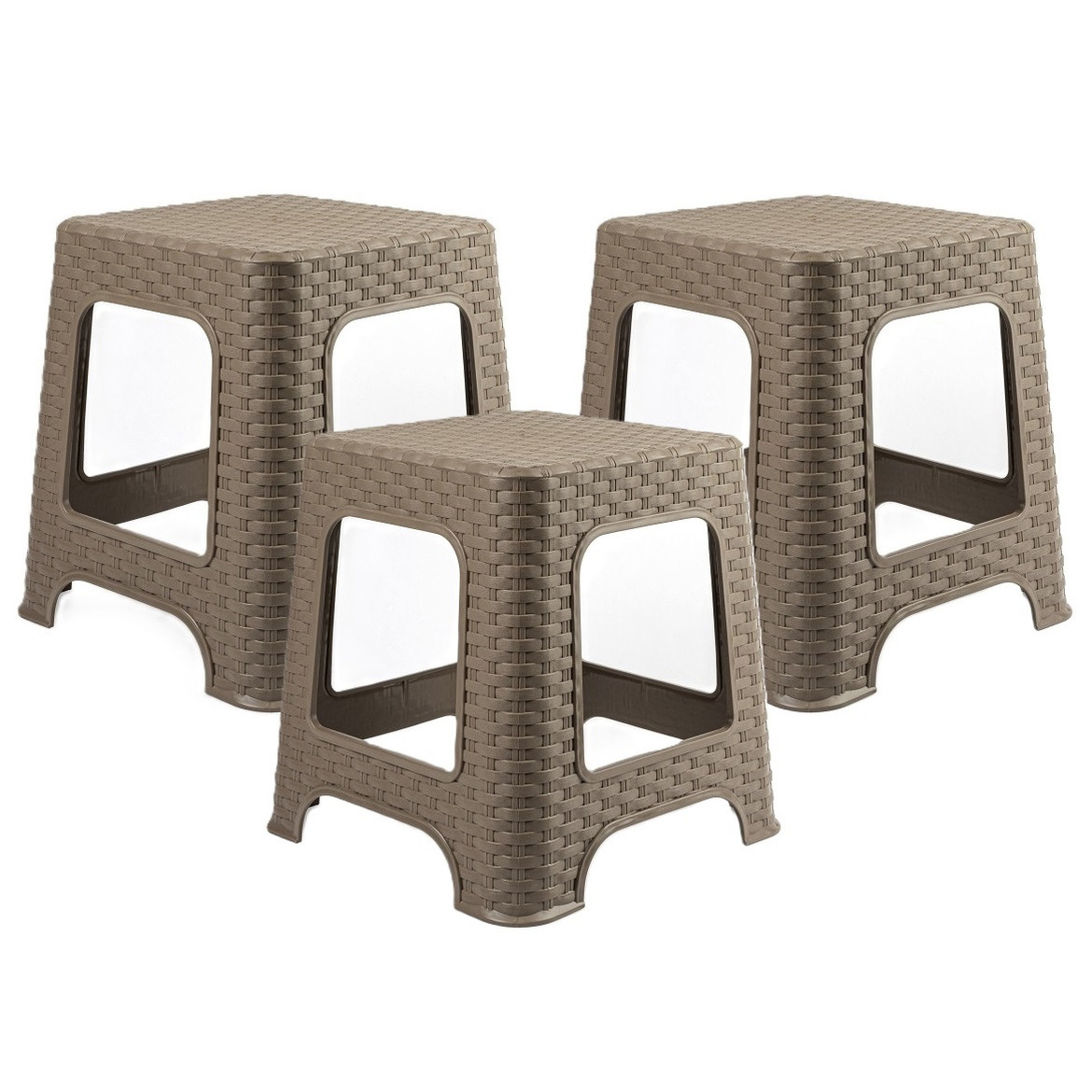 Plasticforte zit/bijzet krukje - 3x - Rotan line - taupe - kunststof - 32 x 32 x 30 cm - kinder kruk -