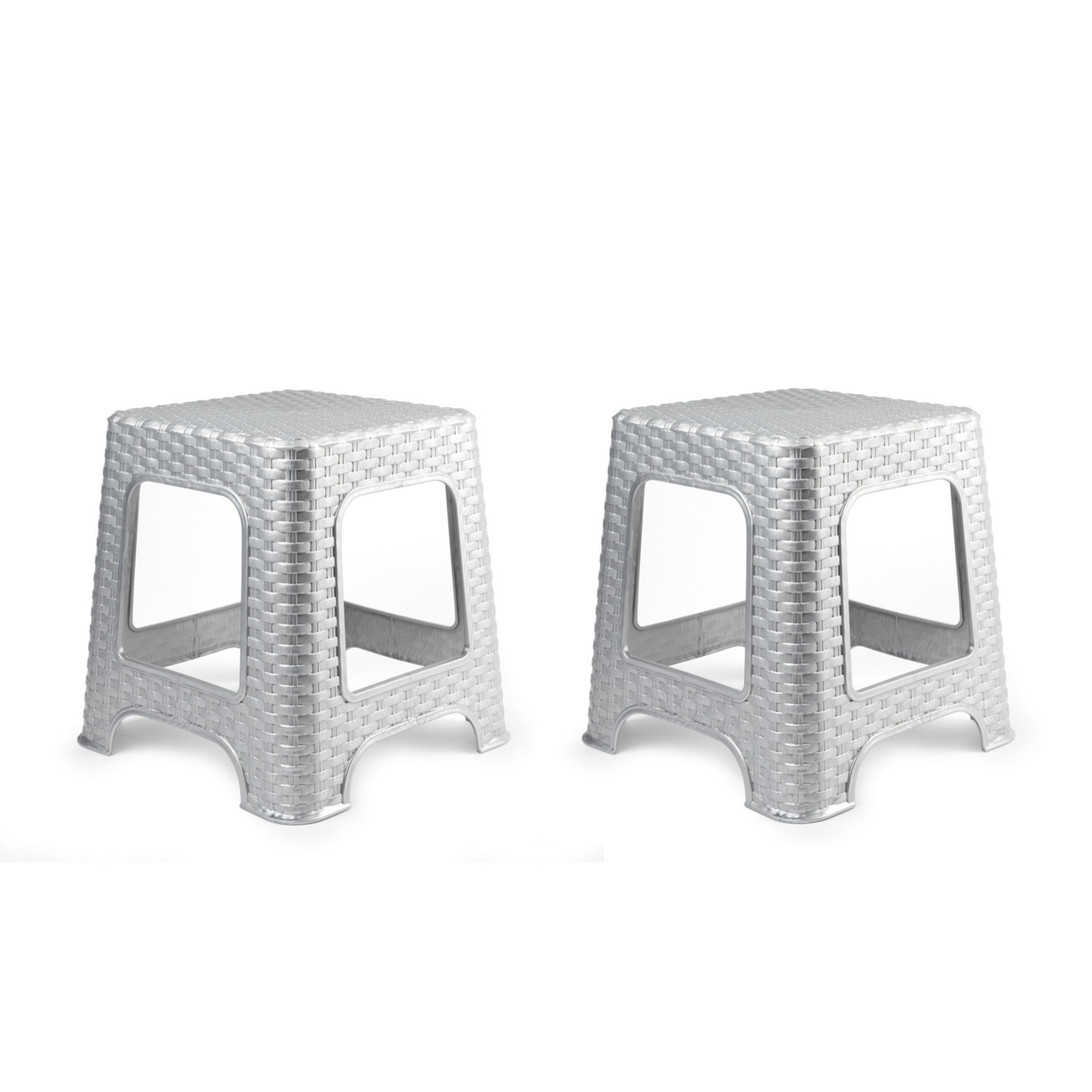 Plasticforte zit/bijzet krukje - 2x - Rotan line - zilvergrijs - kunststof - 32 x 32 x 30 cm - kinde -