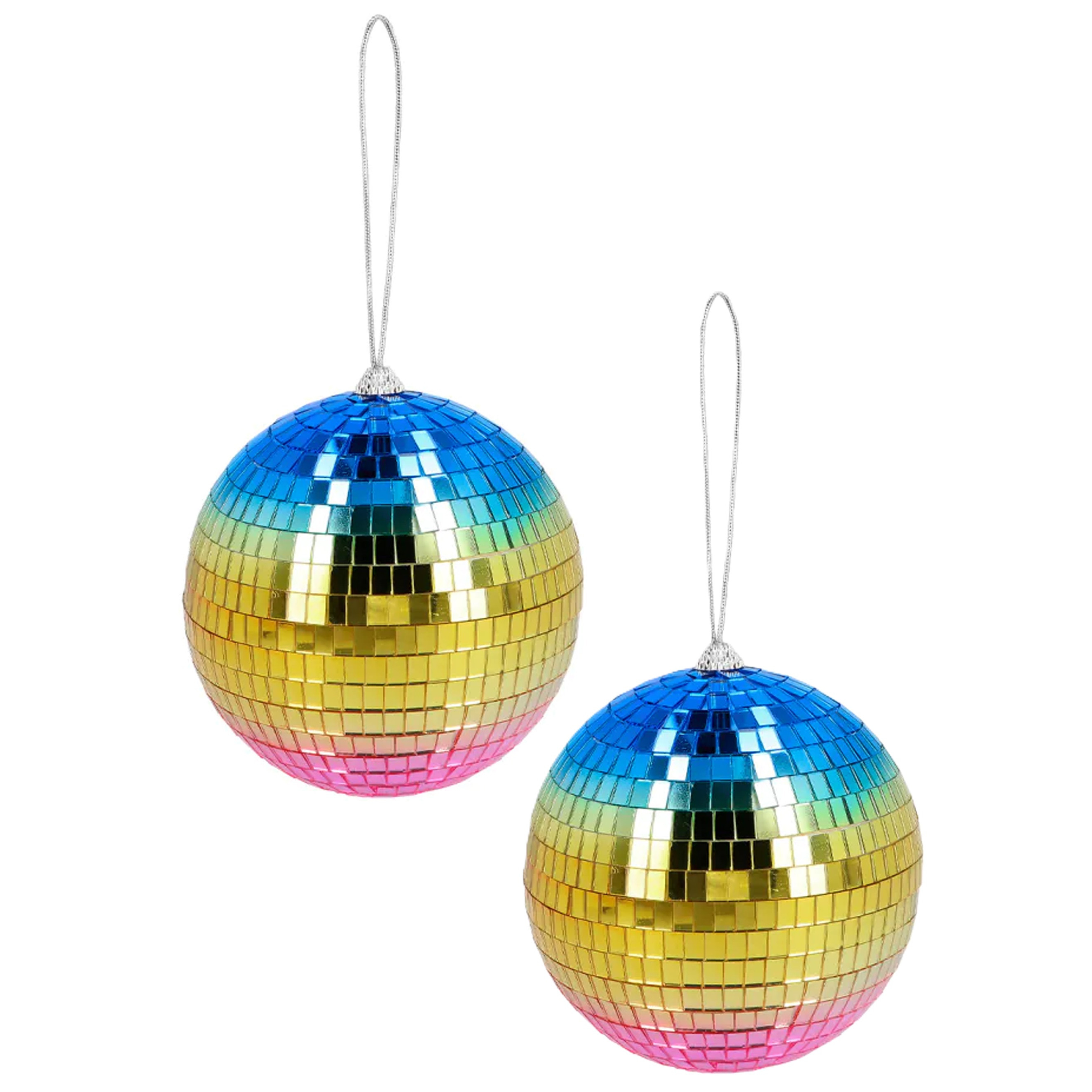 Disco spiegel bal - 2x - rond - regenboog - Dia 15 cm - Seventies/eighties thema versiering -