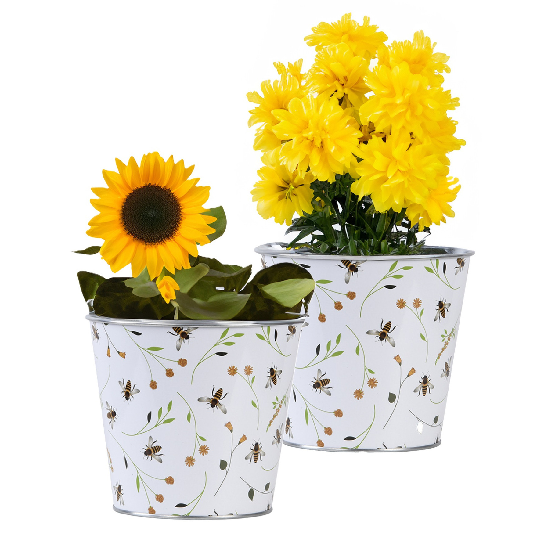 Plantenpot/bloempot emmer voor buiten - 2x - zink - Happy Bee - L15 x D16 X H14 cm -