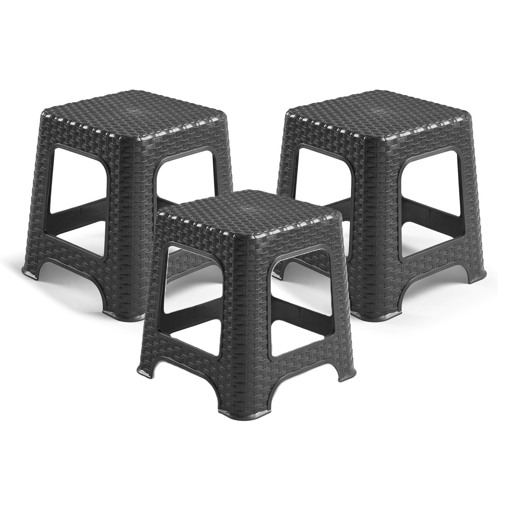 Plasticforte zit/bijzet krukje - 3x - Rotan line - zwart - kunststof - 32 x 32 x 30 cm - kinder kruk -