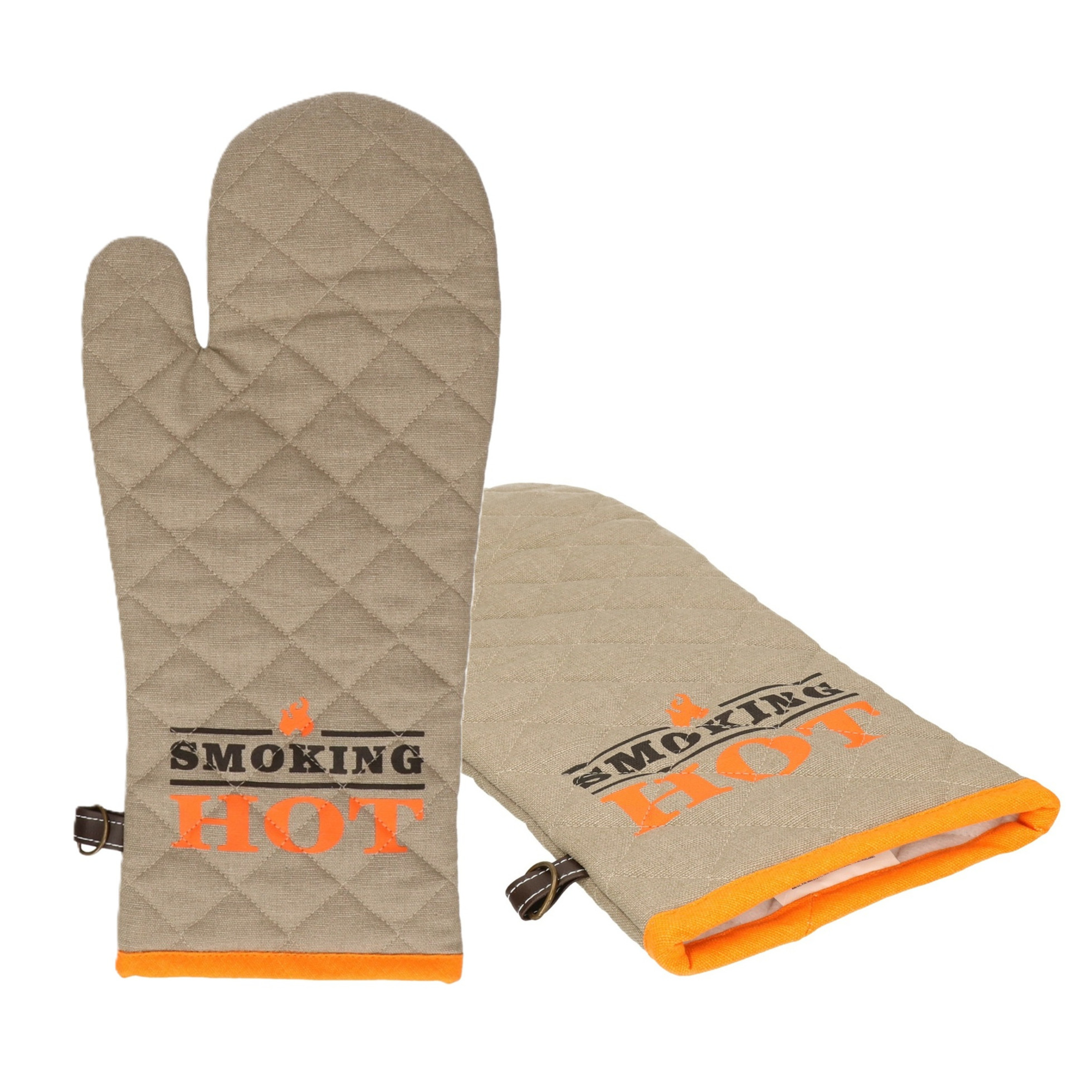 BBQ handschoenen - 2x - hittebestendig tot 250 graden - lichtgrijs/oranje - katoen - ovenwanten -