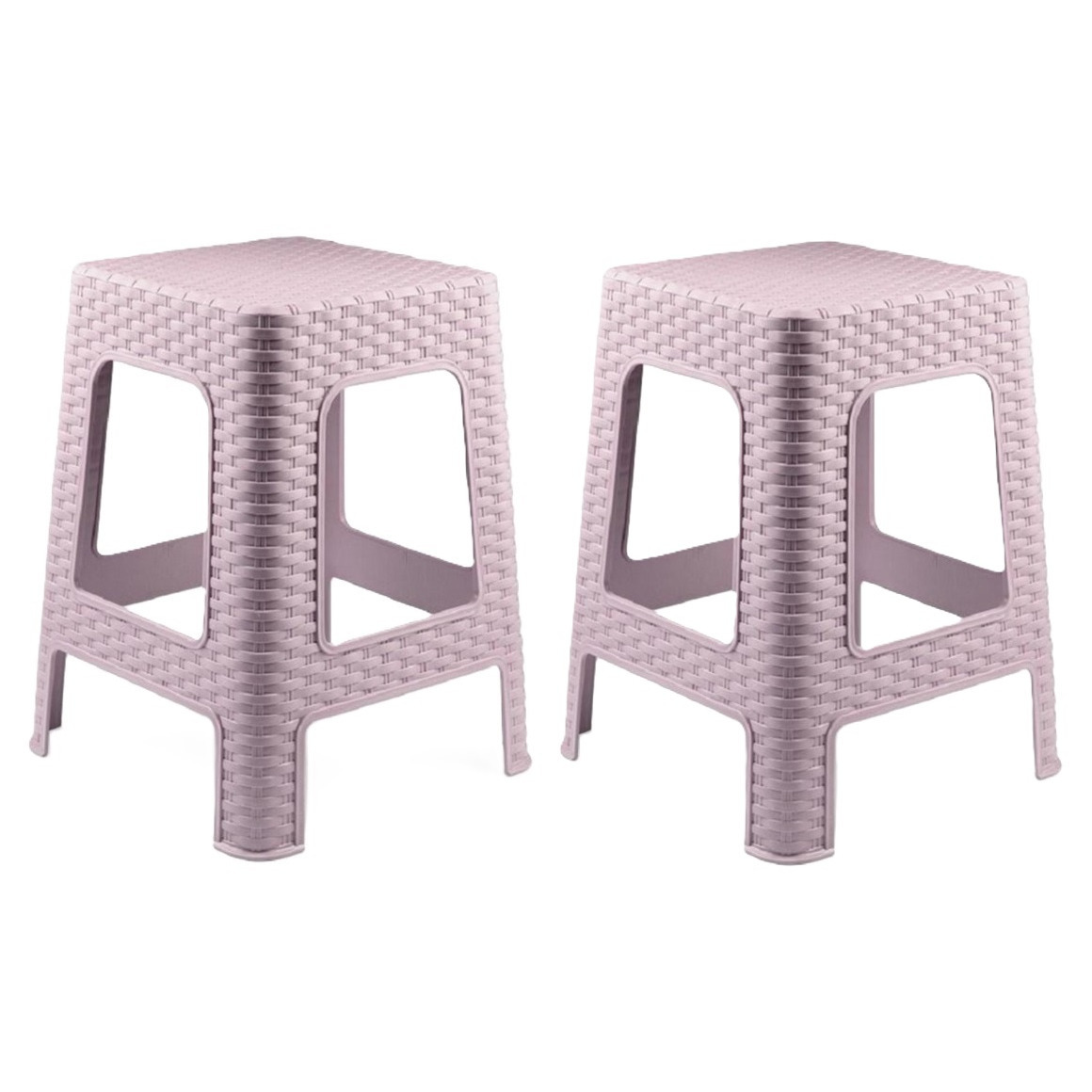Plasticforte zit/bijzet krukje - 2x - Rotan line - roze - kunststof - 28 x 28 x 45 cm -