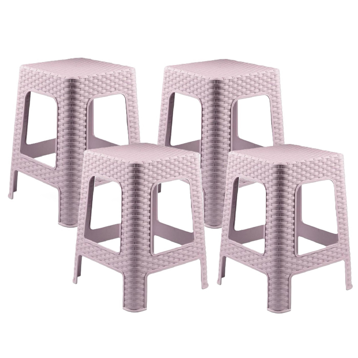 Plasticforte zit/bijzet krukje - 4x - Rotan line - roze - kunststof - 28 x 28 x 45 cm -