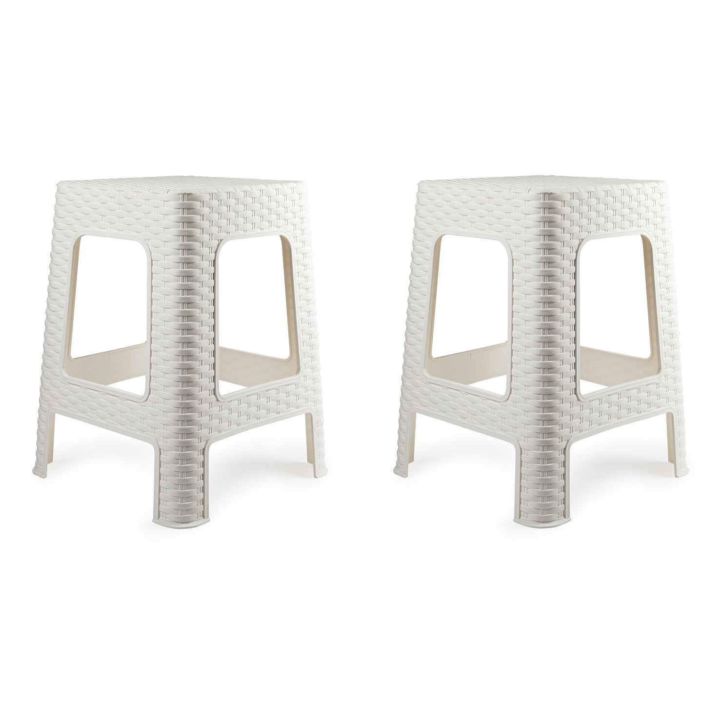 Plasticforte zit/bijzet krukje - 2x - Rotan line - wit - kunststof - 36 x 36 x 45 cm -