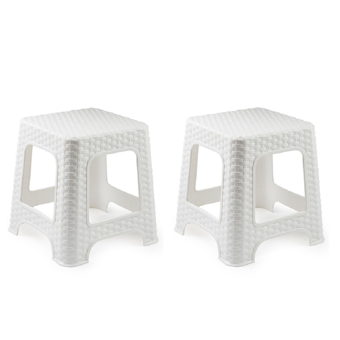 Plasticforte zit/bijzet krukje - 2x - Rotan line - wit - kunststof - 32 x 32 x 30 cm - kinder krukje -