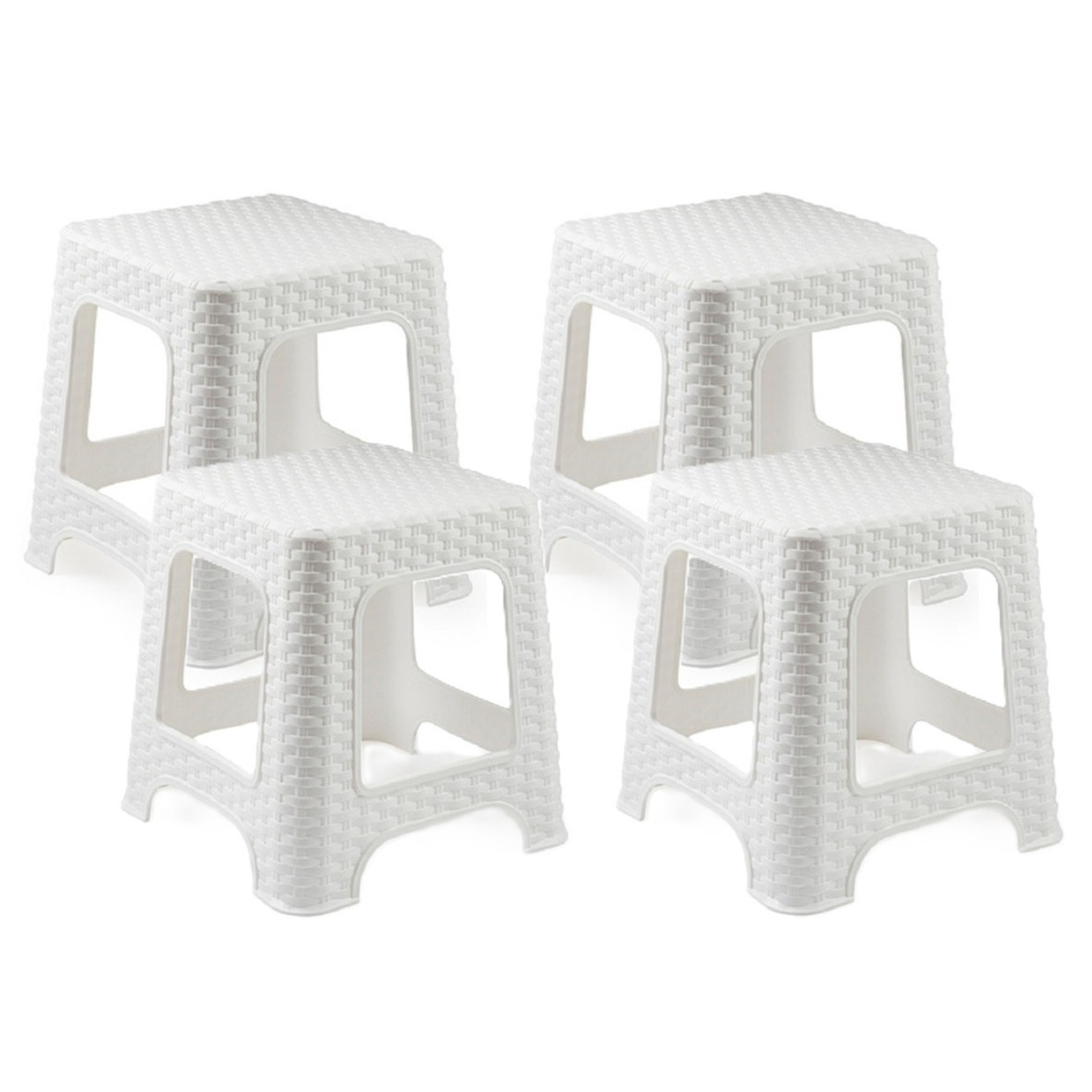 Plasticforte zit/bijzet krukje - 4x - Rotan line - wit - kunststof - 32 x 32 x 30 cm - kinder krukje -