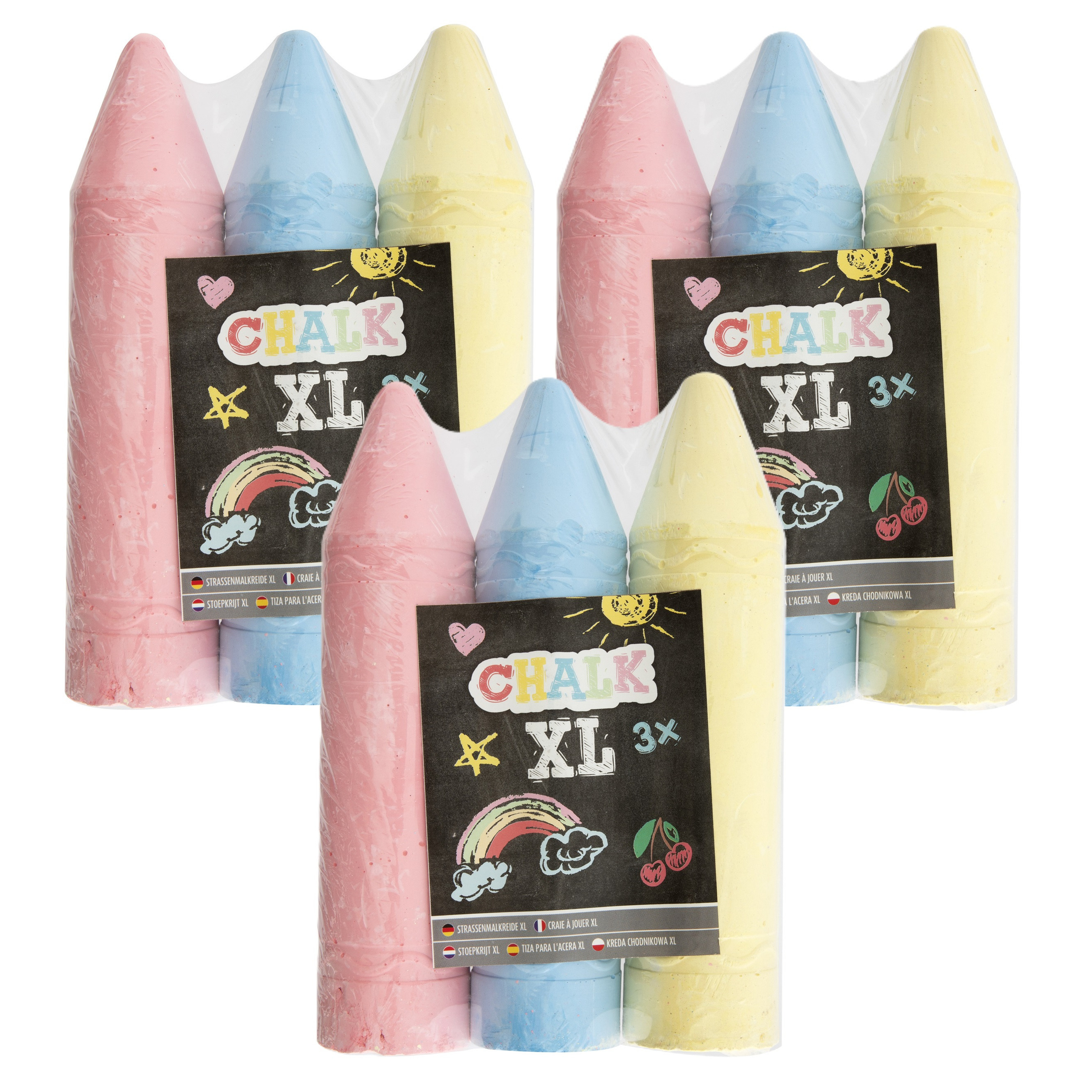 XL mega stoepkrijt - 9x stuks - roze/blauw/geel - L19 cm -