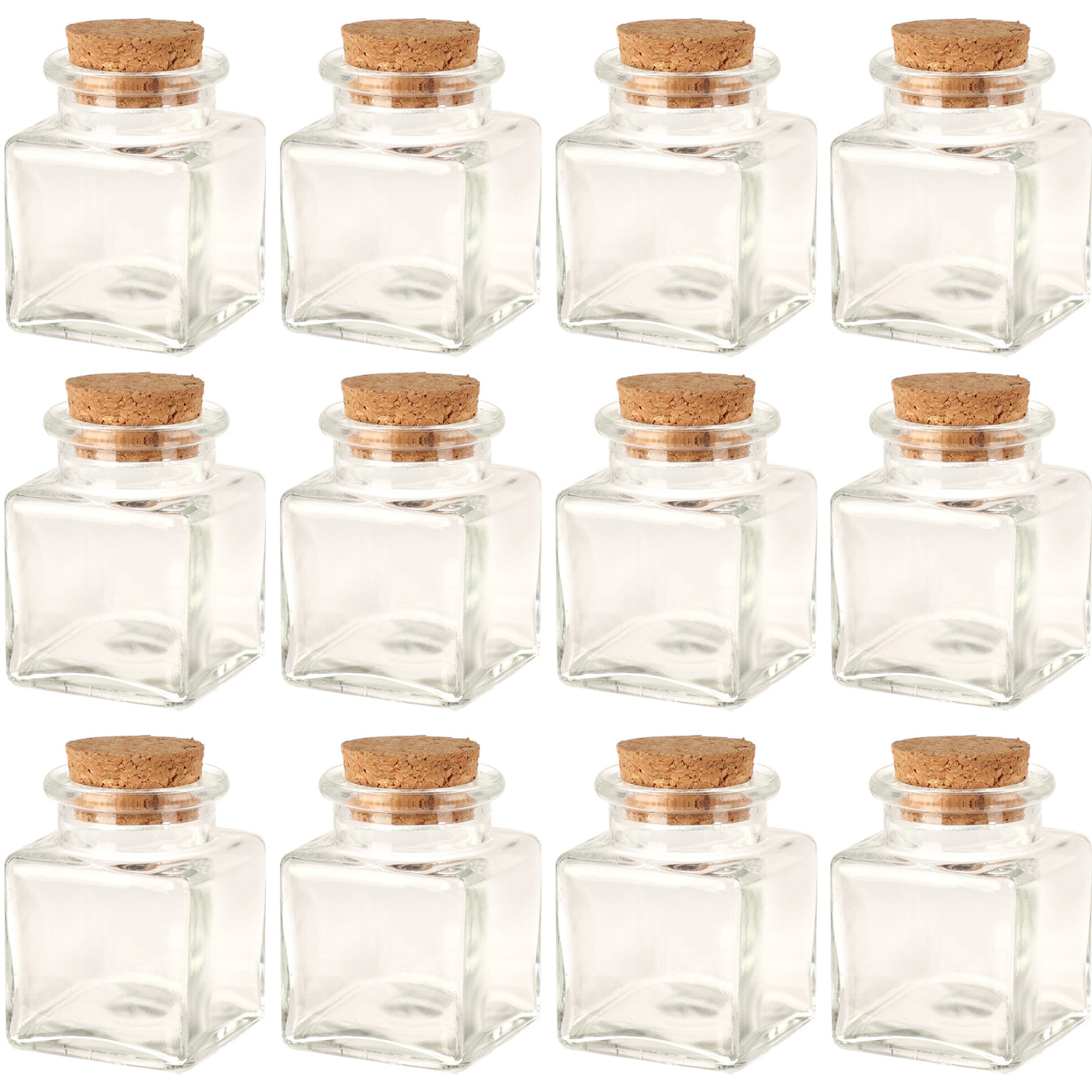 Flesjes met kurk dop - set 12x - transparant - glas - 50 ml -