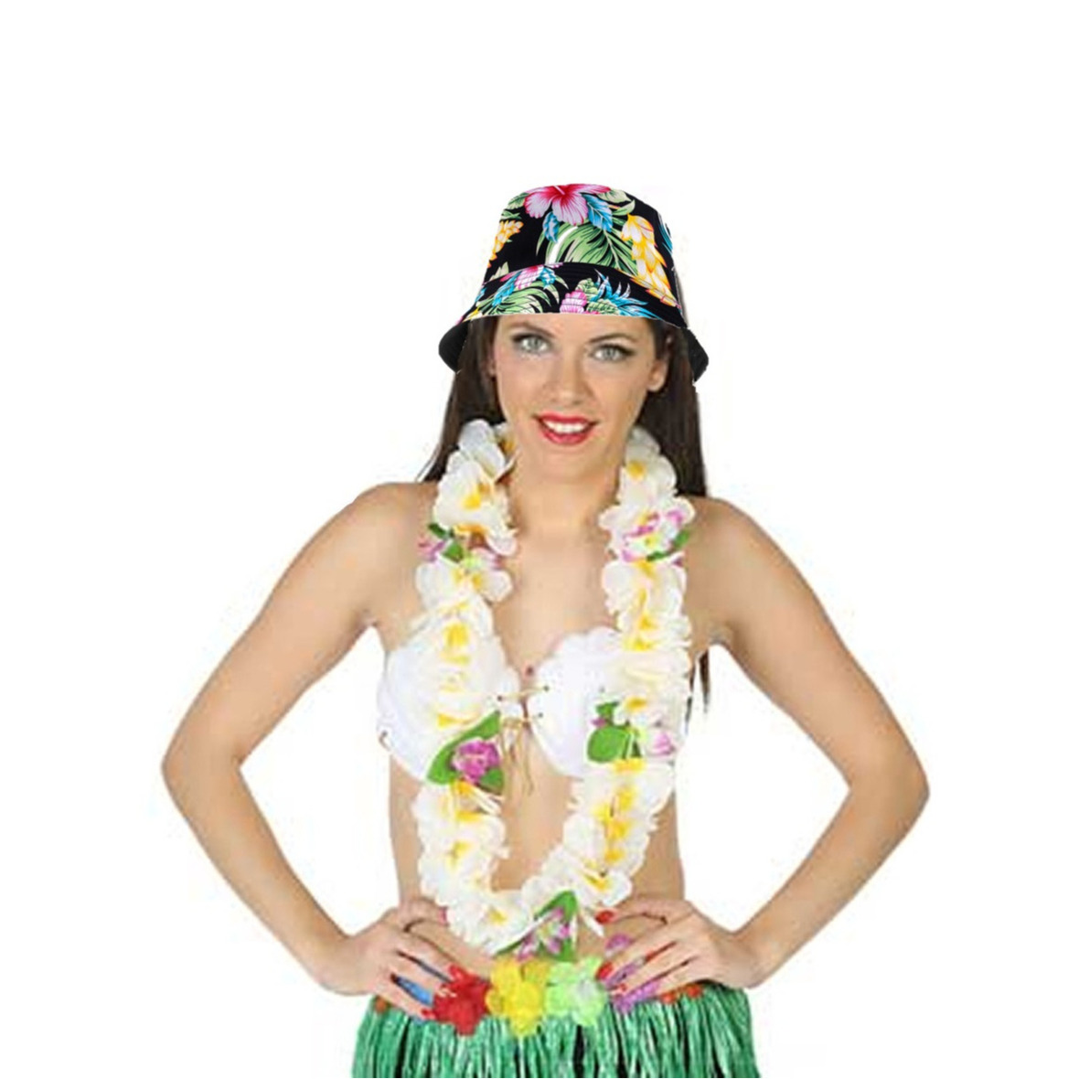 Carnaval verkleed set - Tropische Hawaii party - bucket hoedje - met bloemenslinger - volwassenen -