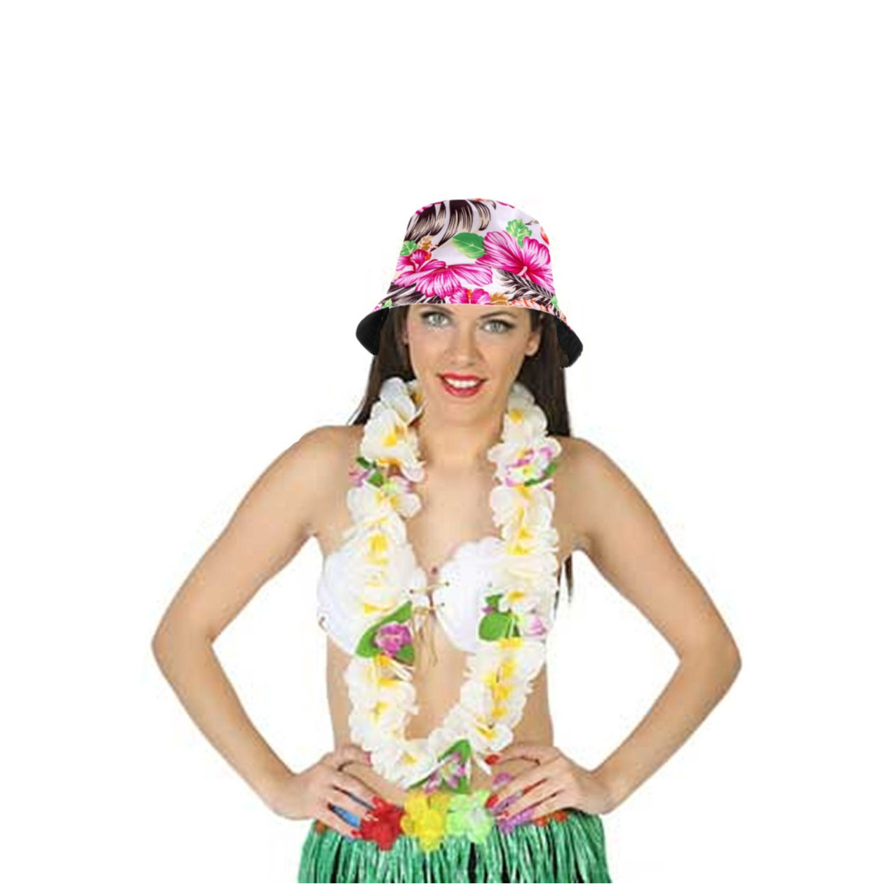 Carnaval verkleed set - Tropische Hawaii party - bucket hoedje - met bloemenslinger - volwassenen -