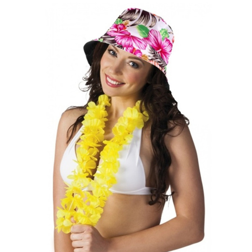 Tropische Hawaii party verkleedset - bucket hoedje - met bloemenslinger - volwassenen - summer -