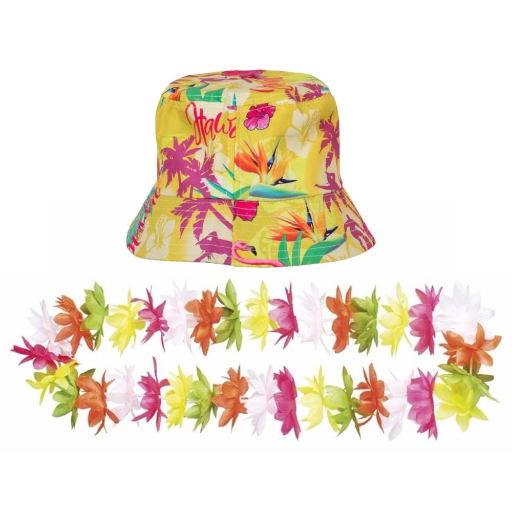 Tropische Hawaii party verkleedset - bucket hoedje - met bloemenslinger - volwassenen - summer -