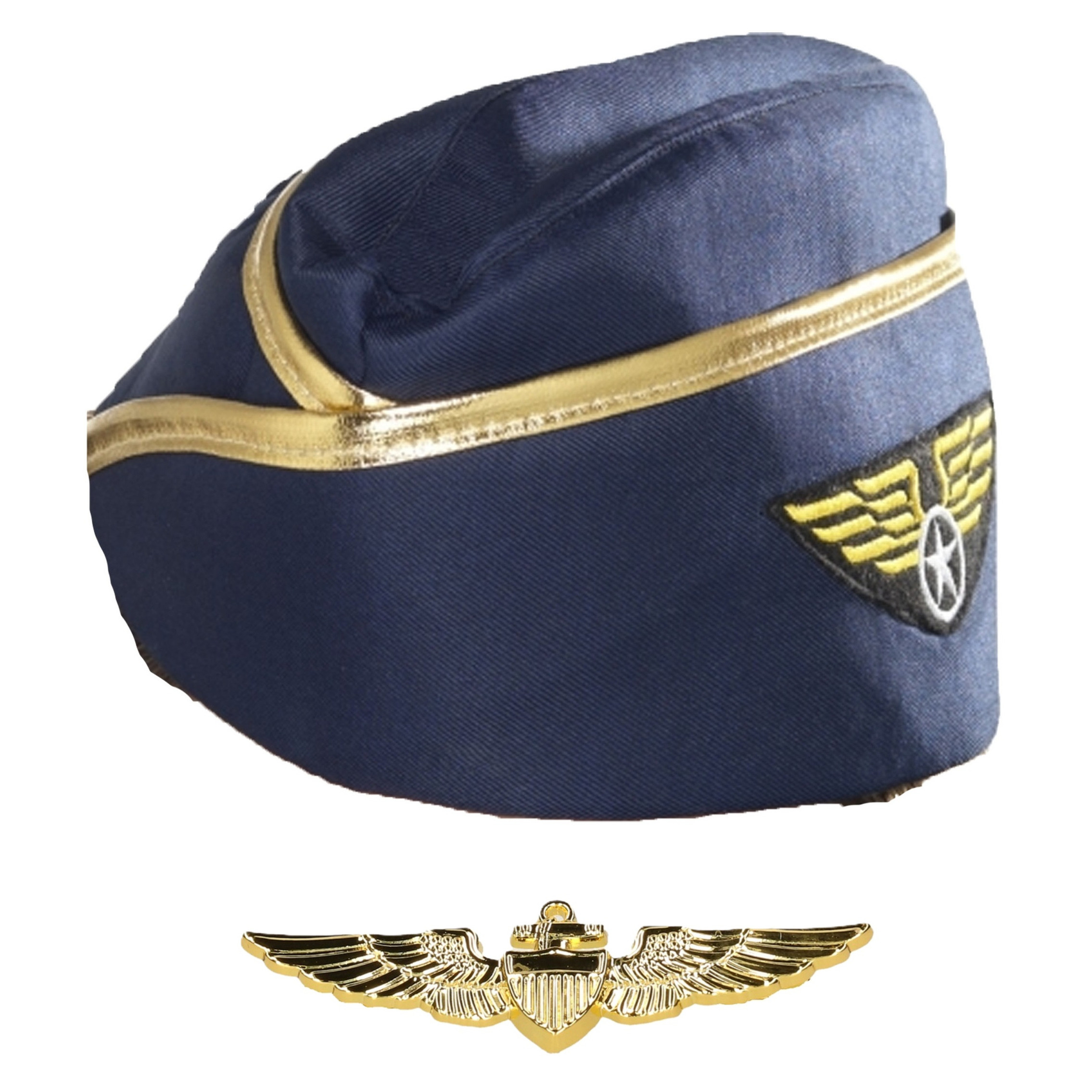 Stewardessen verkleed set - wings broche speldje - Stewardessen hoedje - blauw - dames - carnaval -