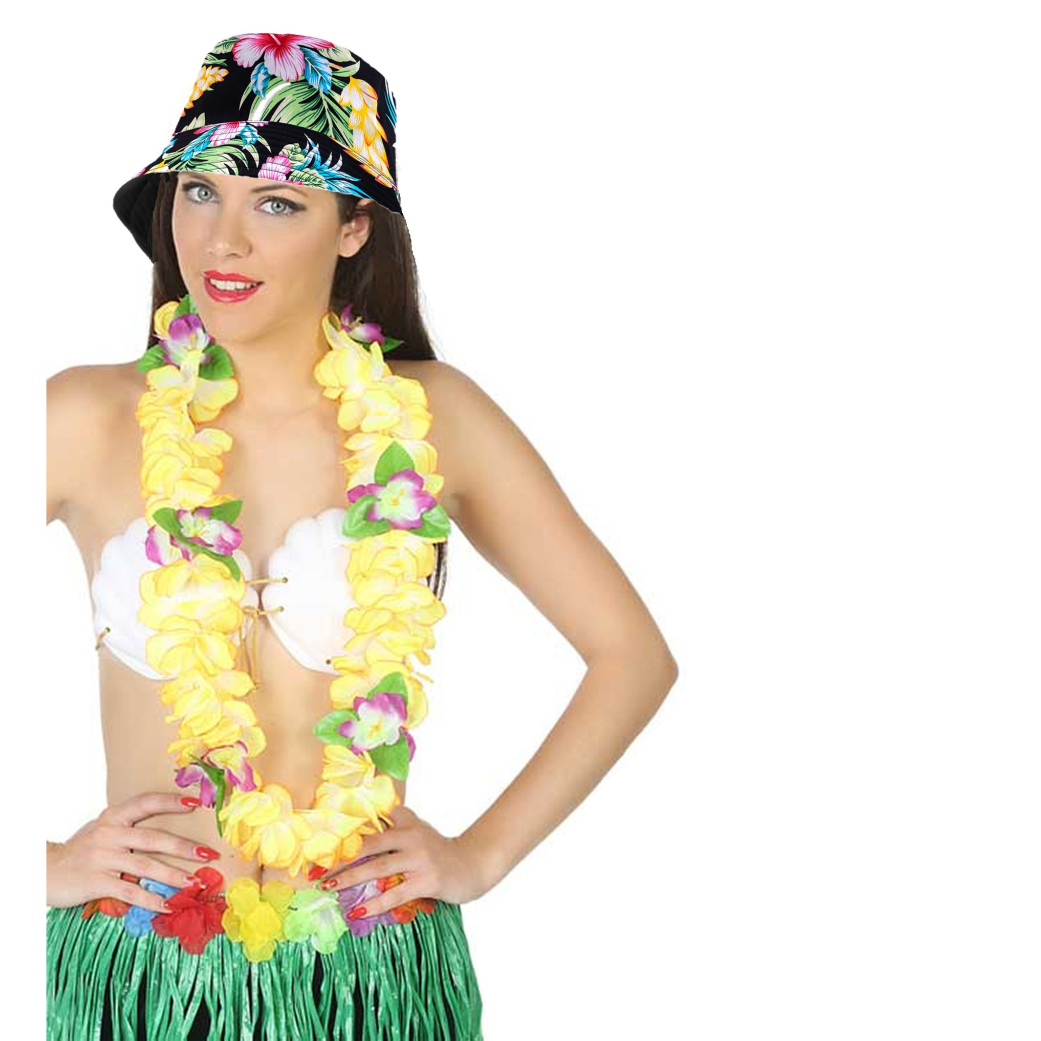Carnaval verkleed set - Tropische Hawaii party - bucket hoedje - met bloemenslinger - volwassenen -