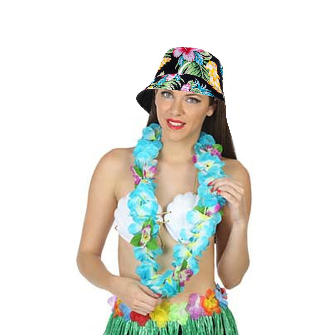 Carnaval verkleed set - Tropische Hawaii party - bucket hoedje - met bloemenslinger - volwassenen -