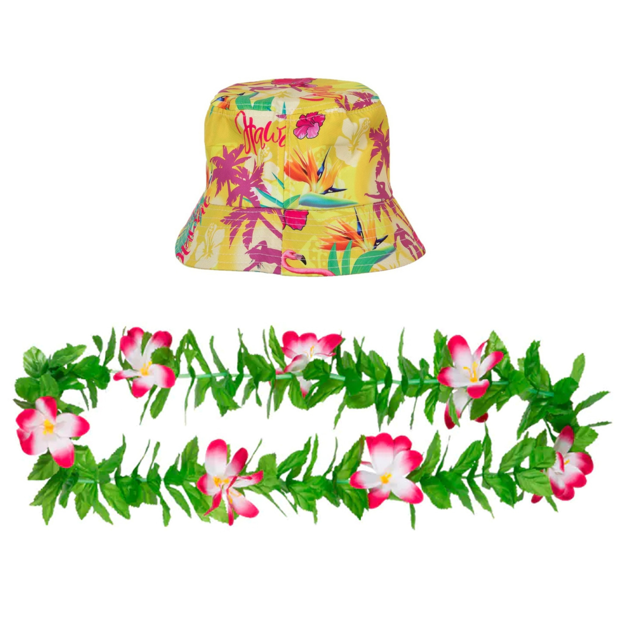 Tropische Hawaii party verkleedset - bucket hoedje - met bloemenslinger - volwassenen - summer -