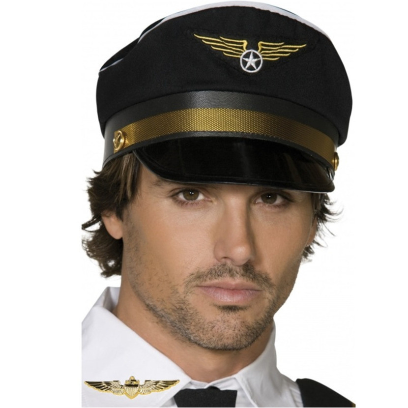 Piloten verkleed set - wings broche speldje - pilotenpet - zwart - heren/dames - carnaval -