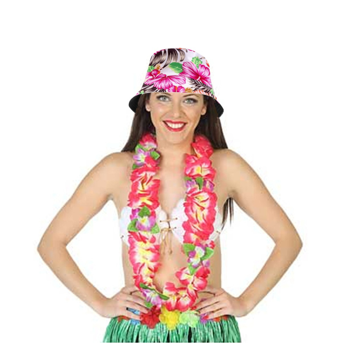Carnaval verkleed set - Tropische Hawaii party - bucket hoedje - met bloemenslinger - volwassenen -