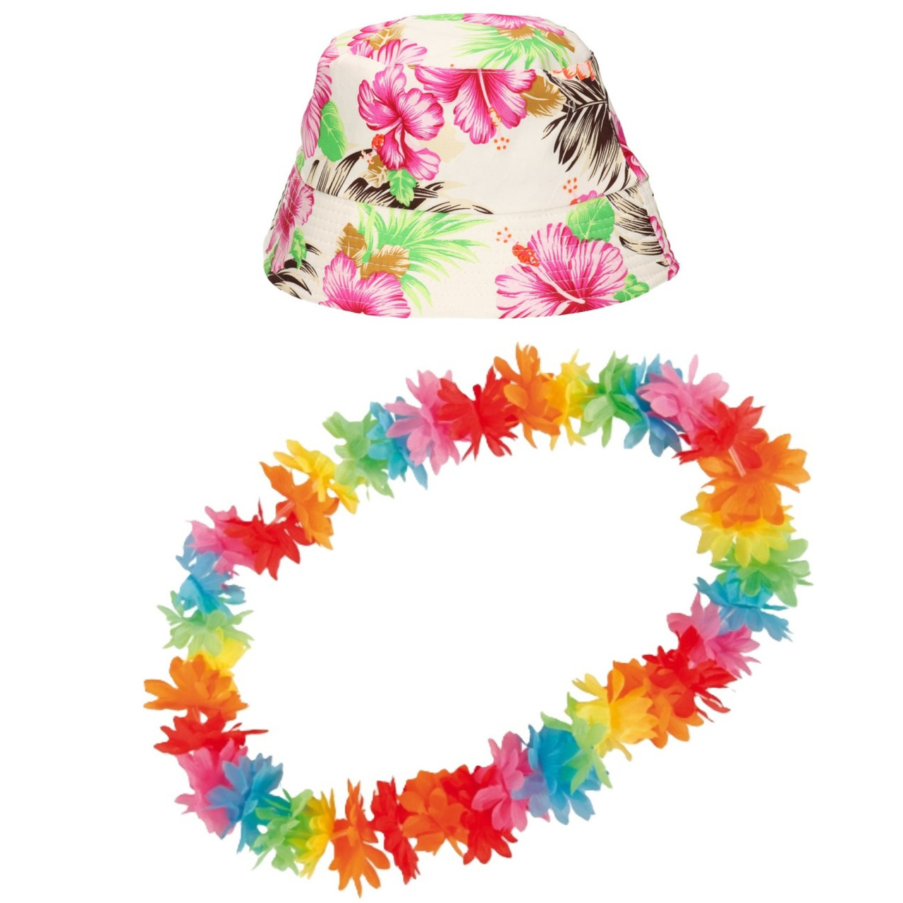 Tropische Hawaii party verkleedset - bucket hoedje - met bloemenslinger - volwassenen - summer -
