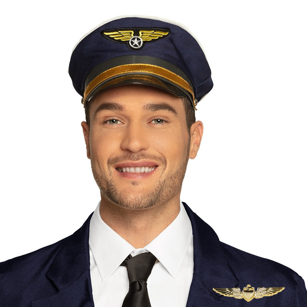 Piloten verkleed set - wings broche speldje - pilotenpet - blauw - heren/dames - carnaval -