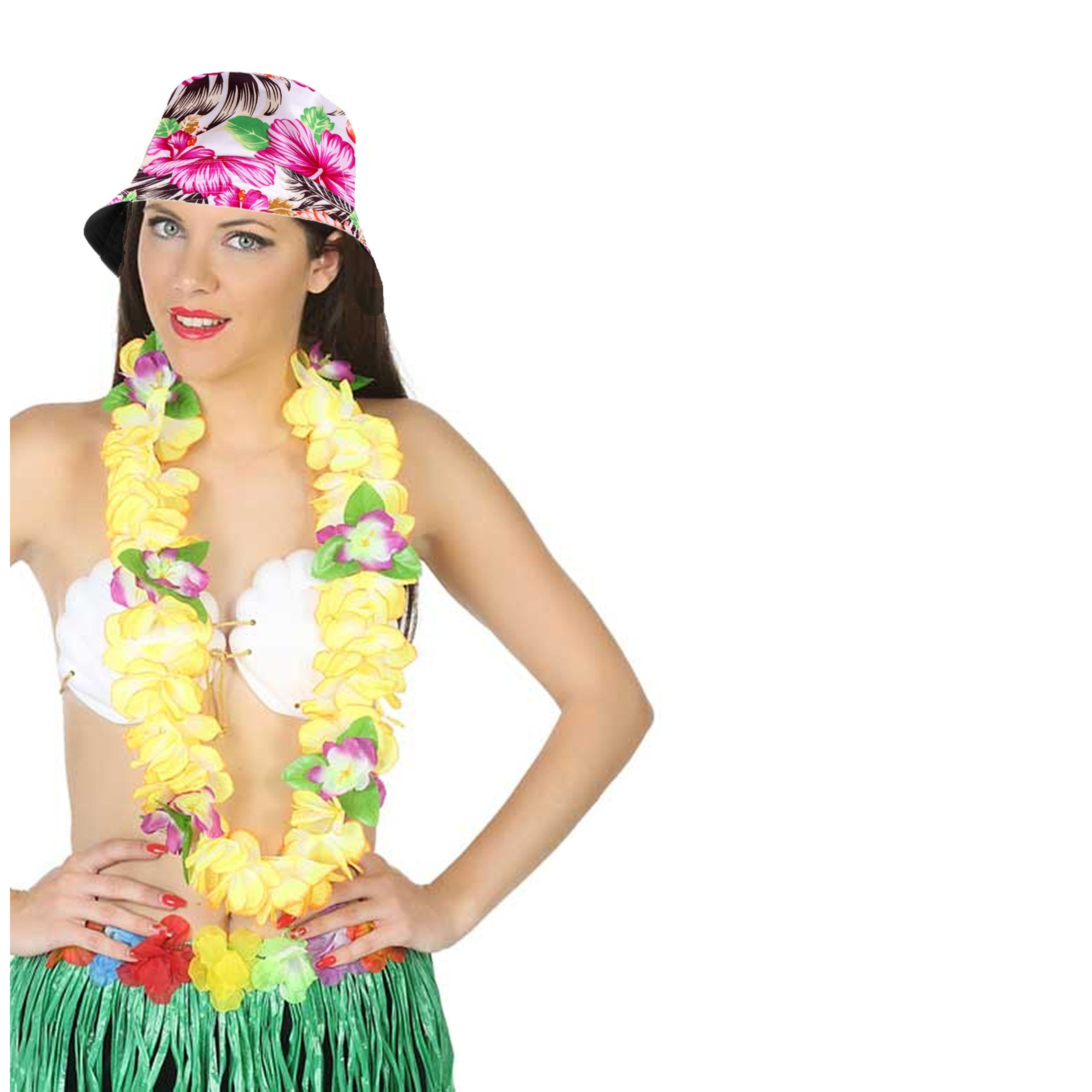 Carnaval verkleed set - Tropische Hawaii party - bucket hoedje - met bloemenslinger - volwassenen -