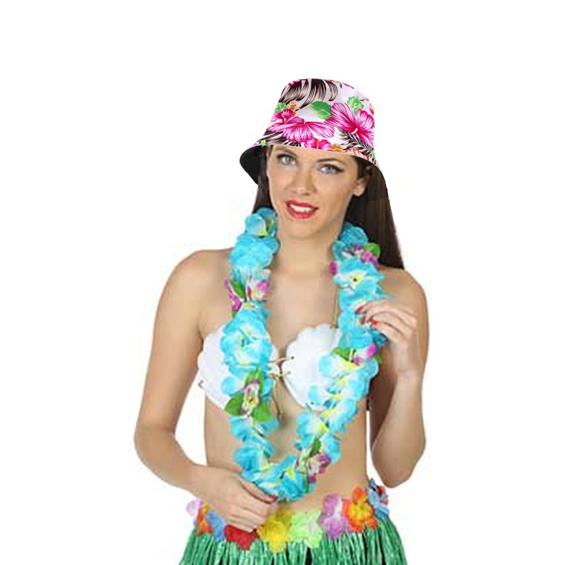 Carnaval verkleed set - Tropische Hawaii party - bucket hoedje - met bloemenslinger - volwassenen -