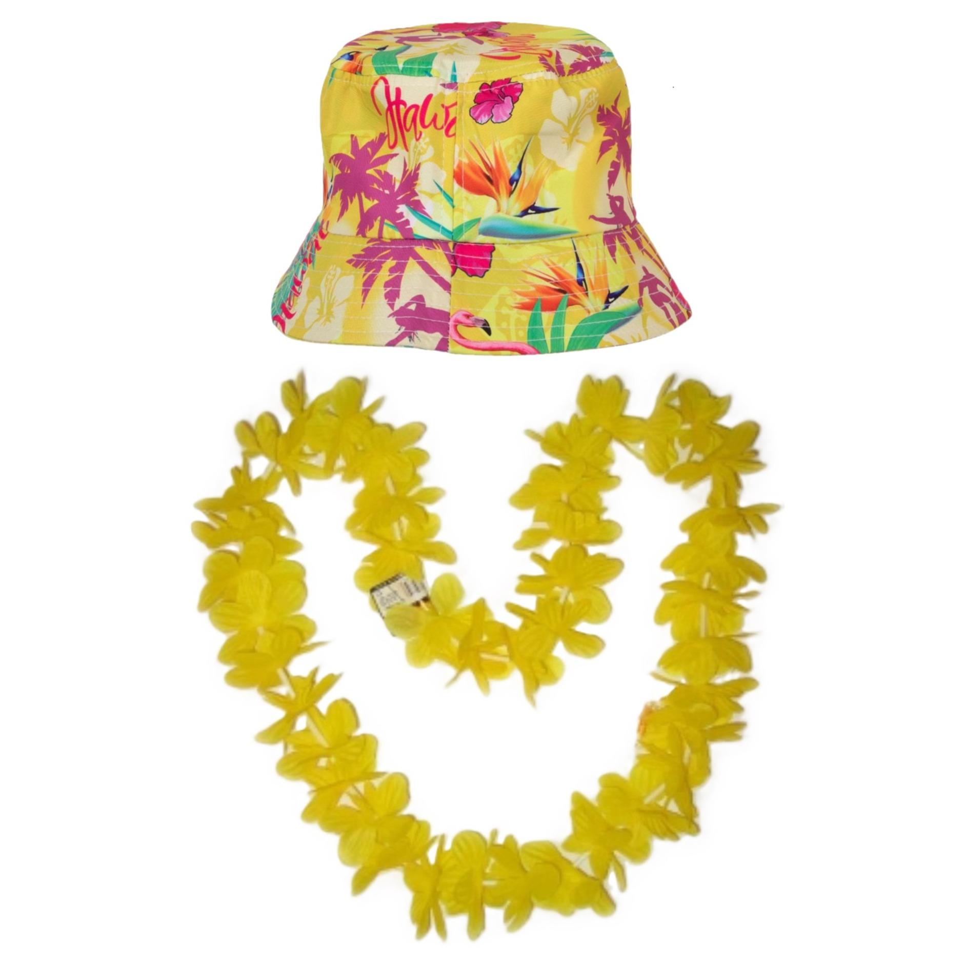 Tropische Hawaii party verkleedset - bucket hoedje - met bloemenslinger - volwassenen - summer -