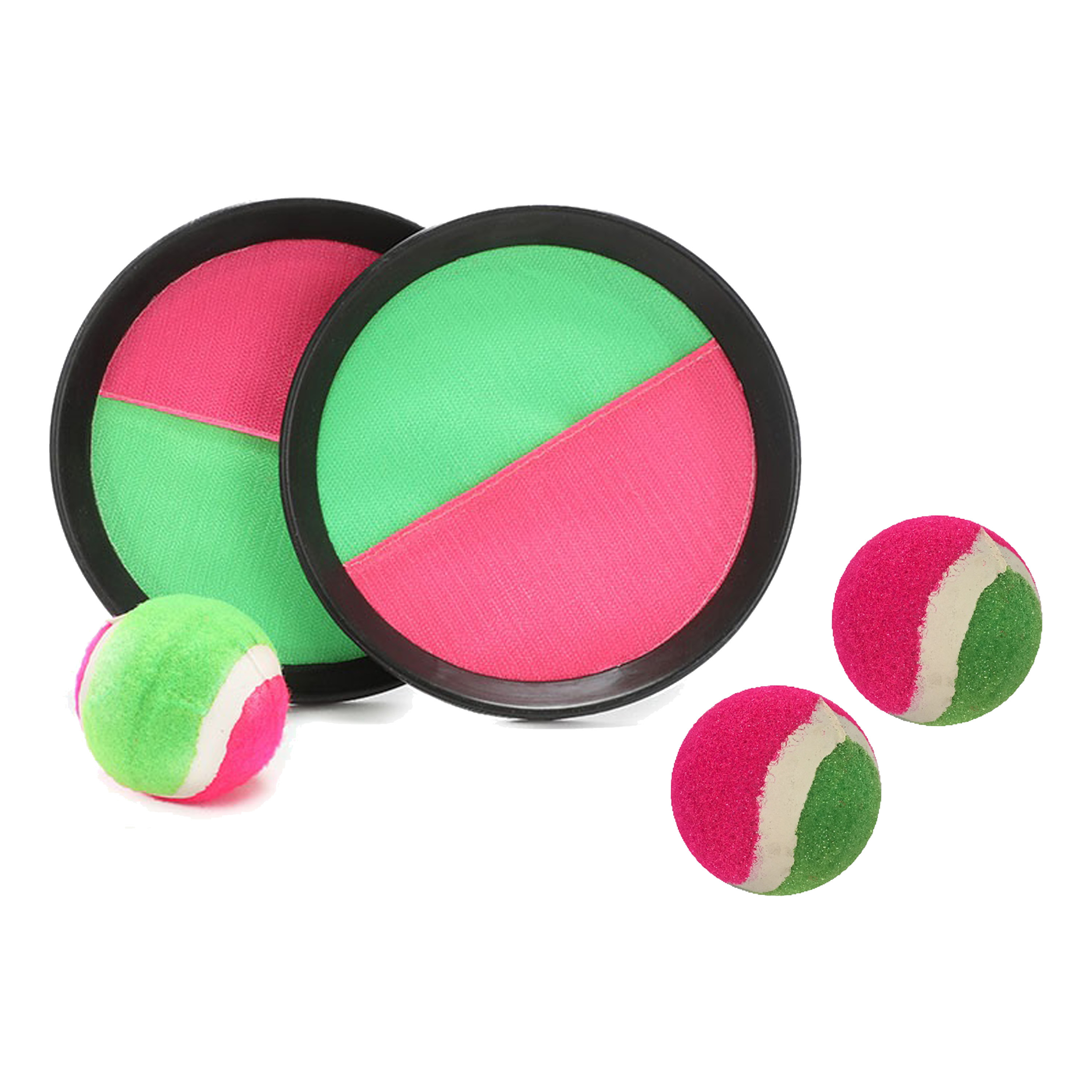 Vangbalspel met klittenband - groen/roze - 2 schilden en 3 balletjes - buiten/strand spellen -